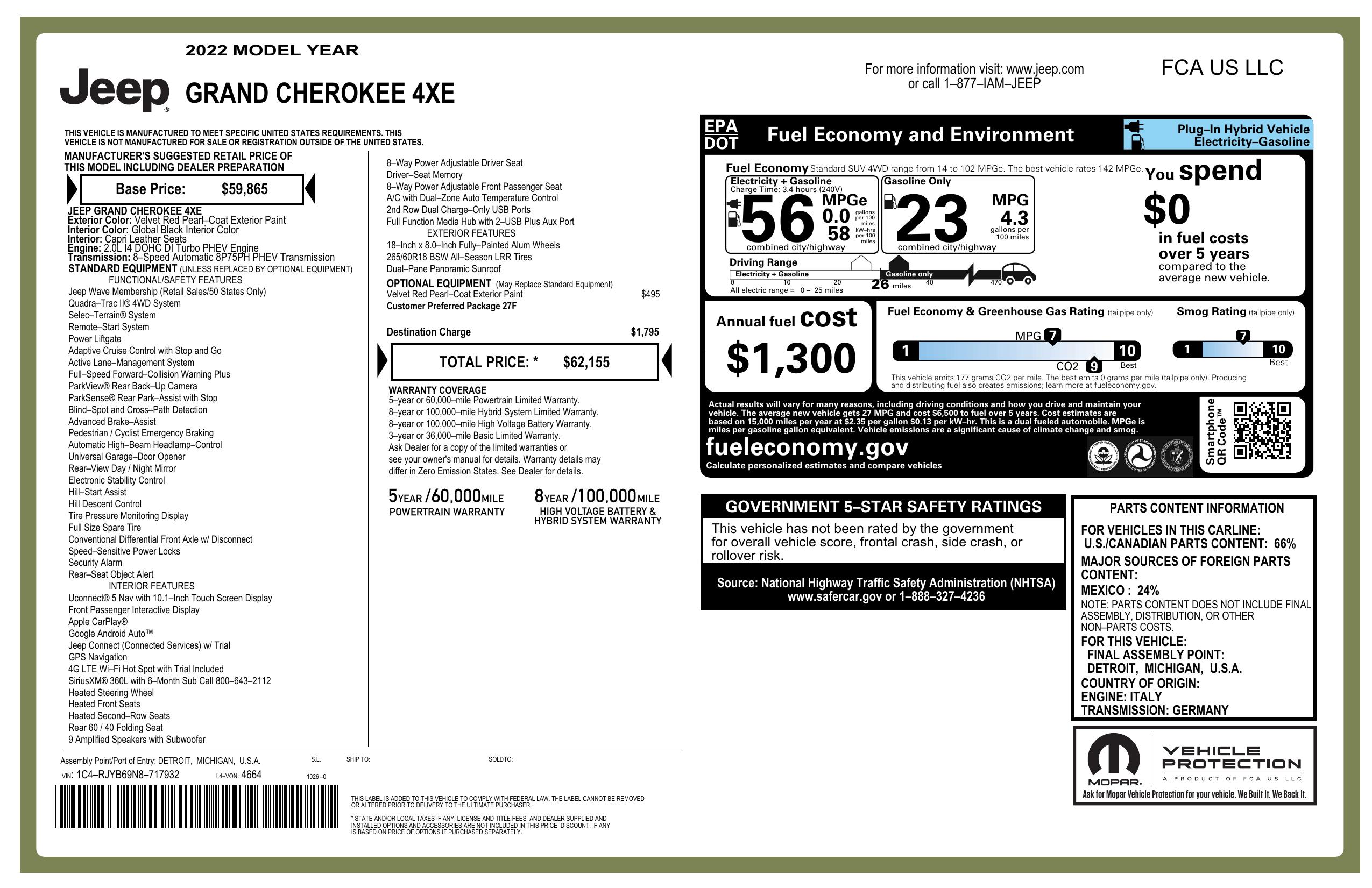 Window Sticker for 2022 Jeep Grand Cherokee 4xe 4x4