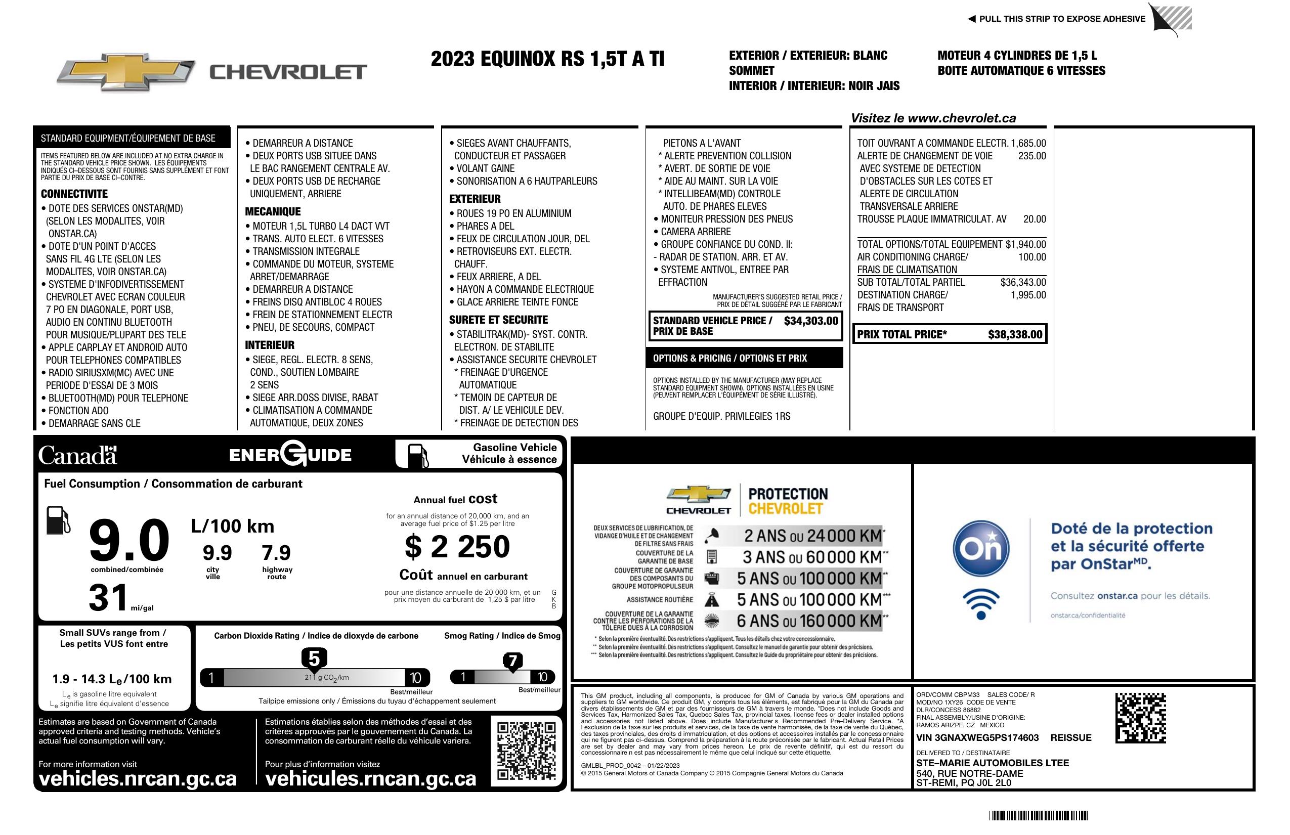 Window Sticker for 2023 Chevrolet Equinox Awd 4dr Rs