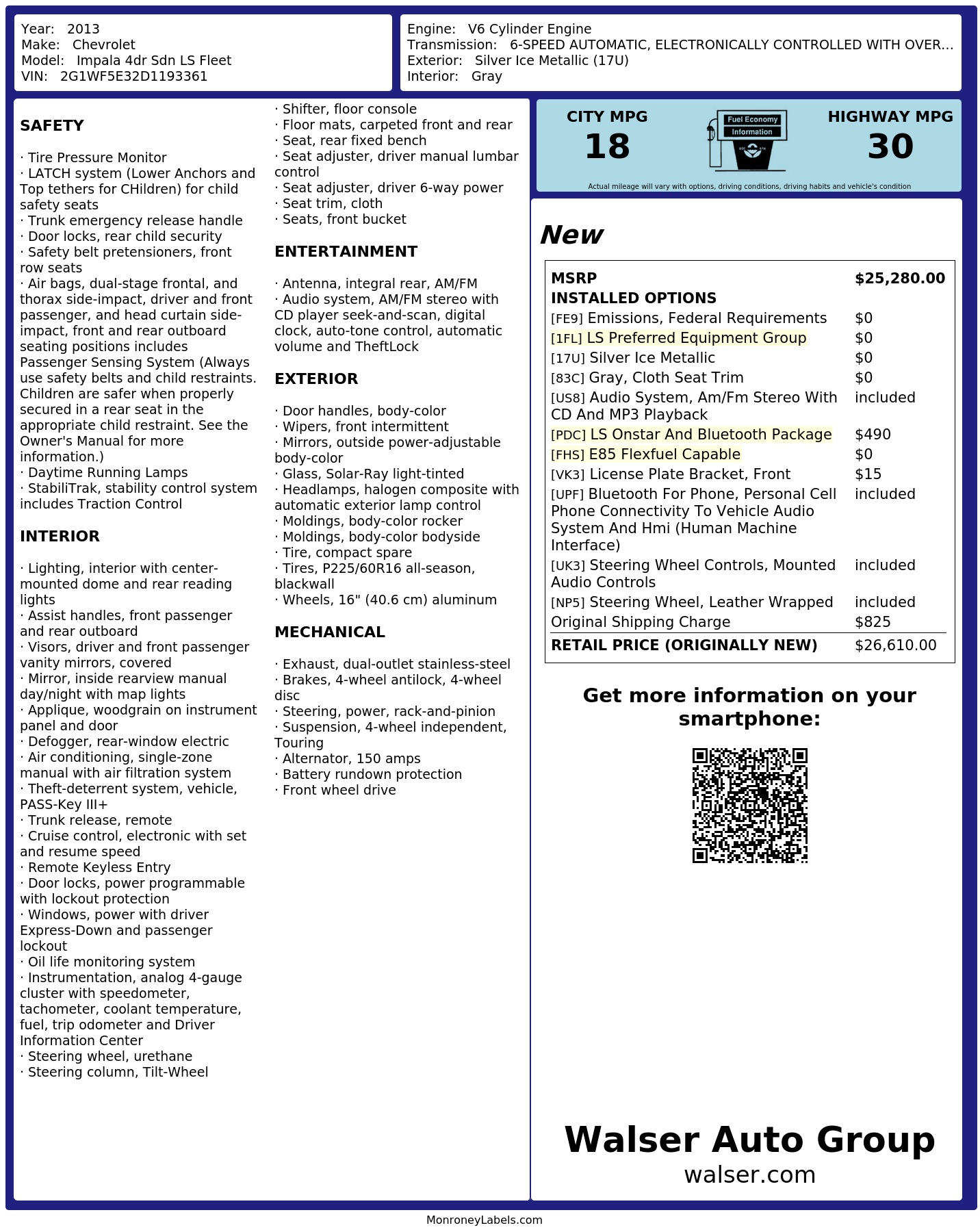 Window Sticker for 2013 Chevrolet Impala 4dr Sdn Ls Fleet