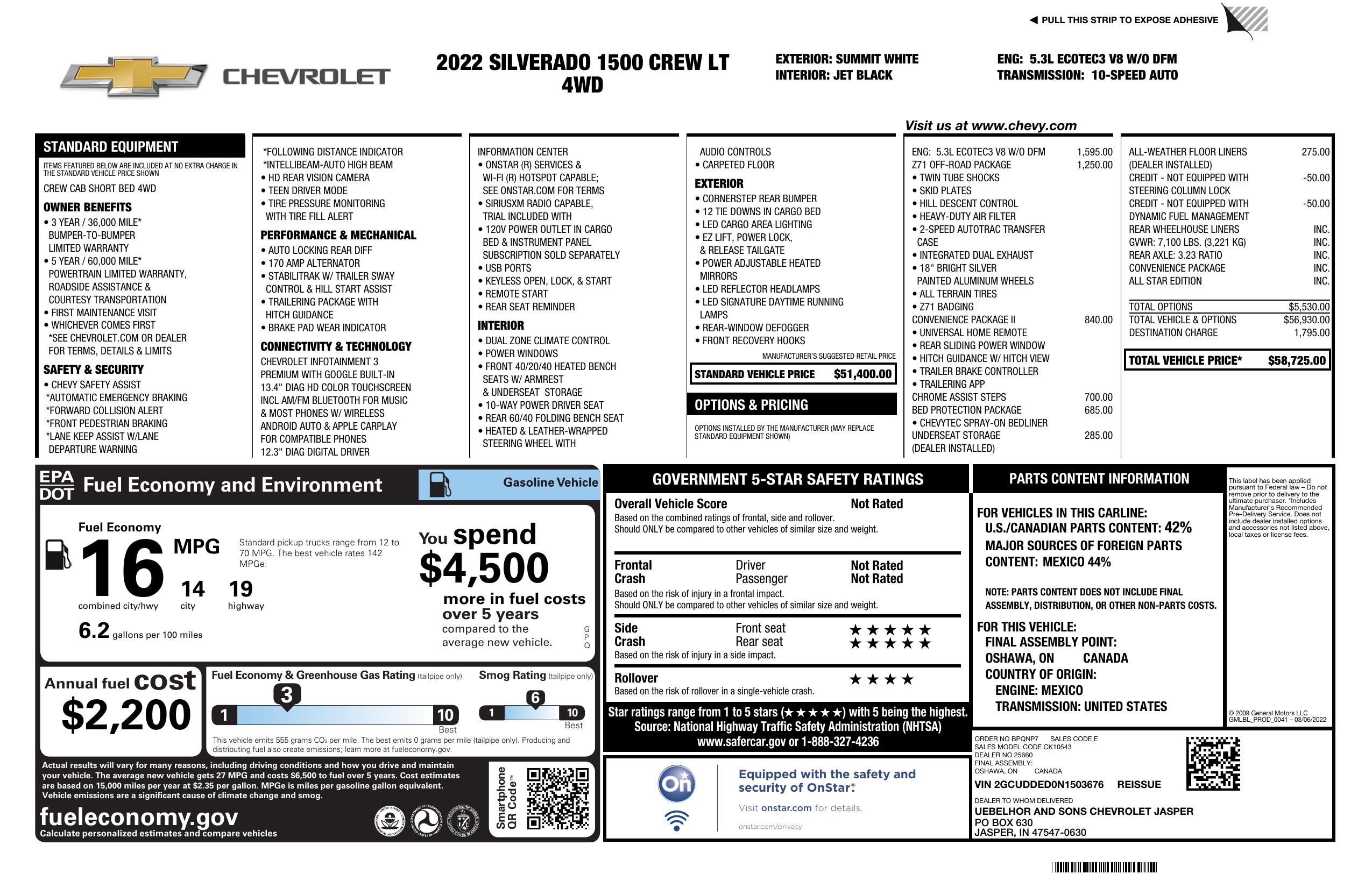 Window Sticker for 2022 Chevrolet Silverado 1500 4 Wd Crew Cab 147" Lt