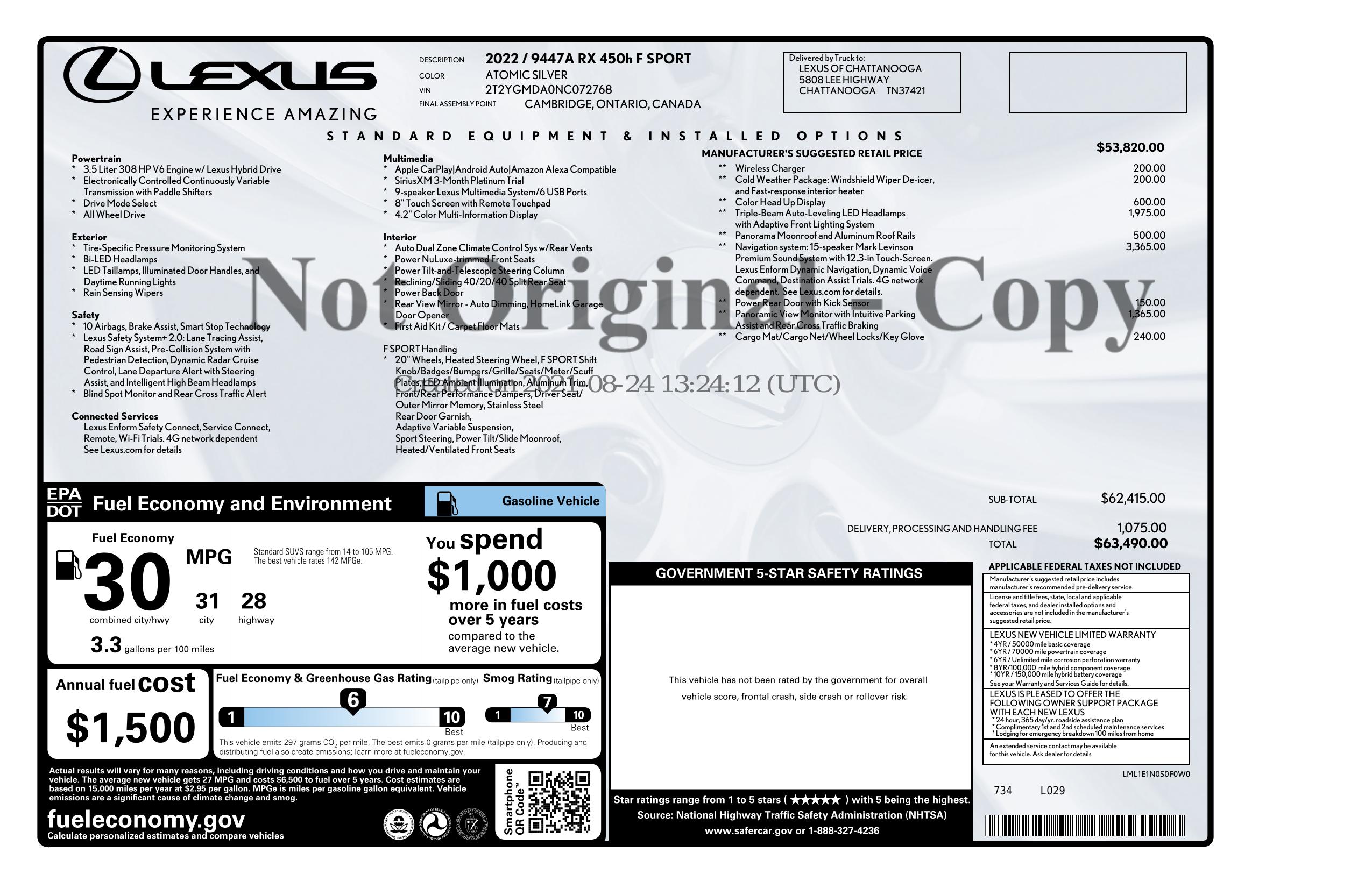 Window Sticker for 2022 Lexus Rx Rx 450h F Sport Handling Awd