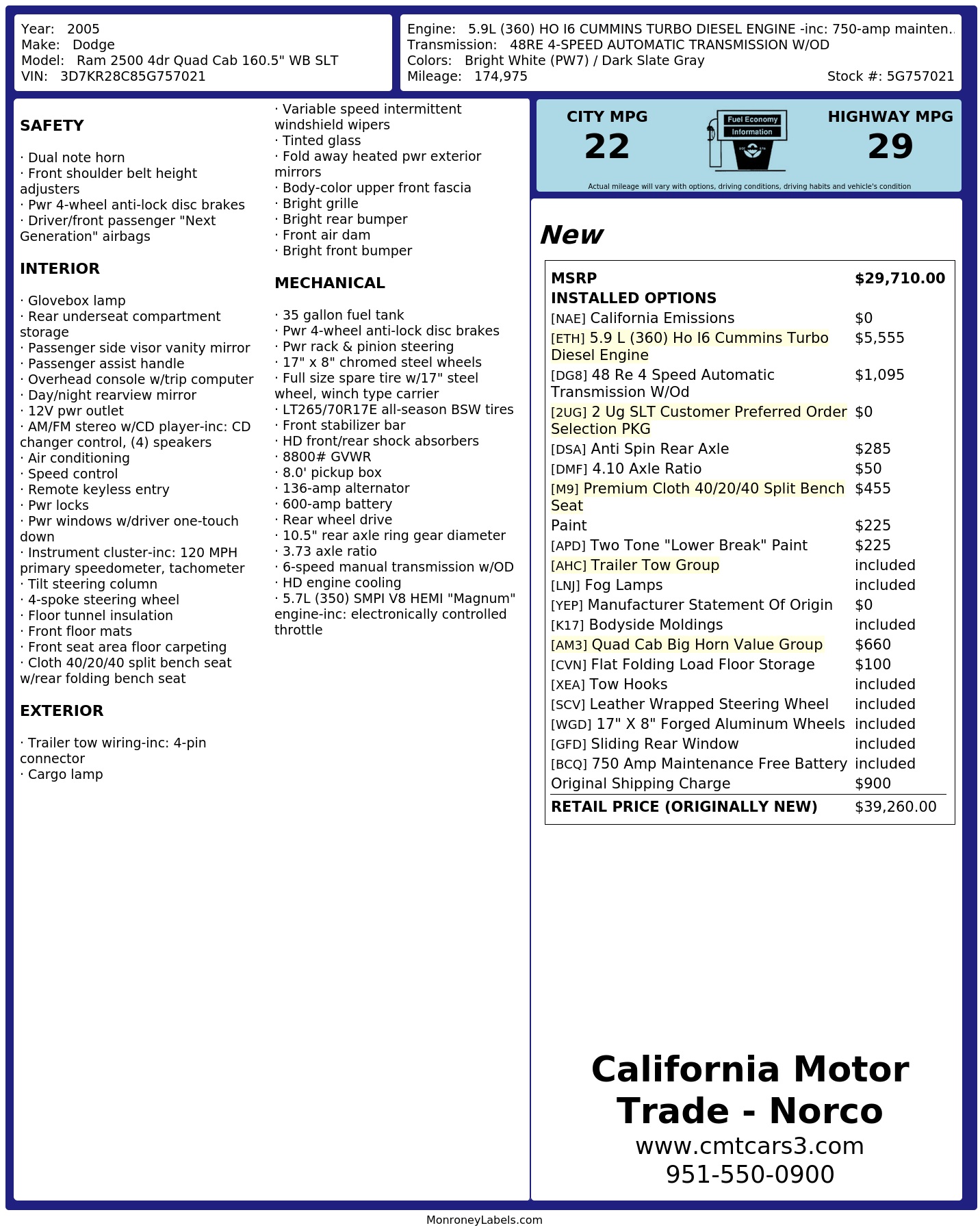 Window Sticker for 2005 Dodge Ram 2500 4dr Quad Cab 160.5