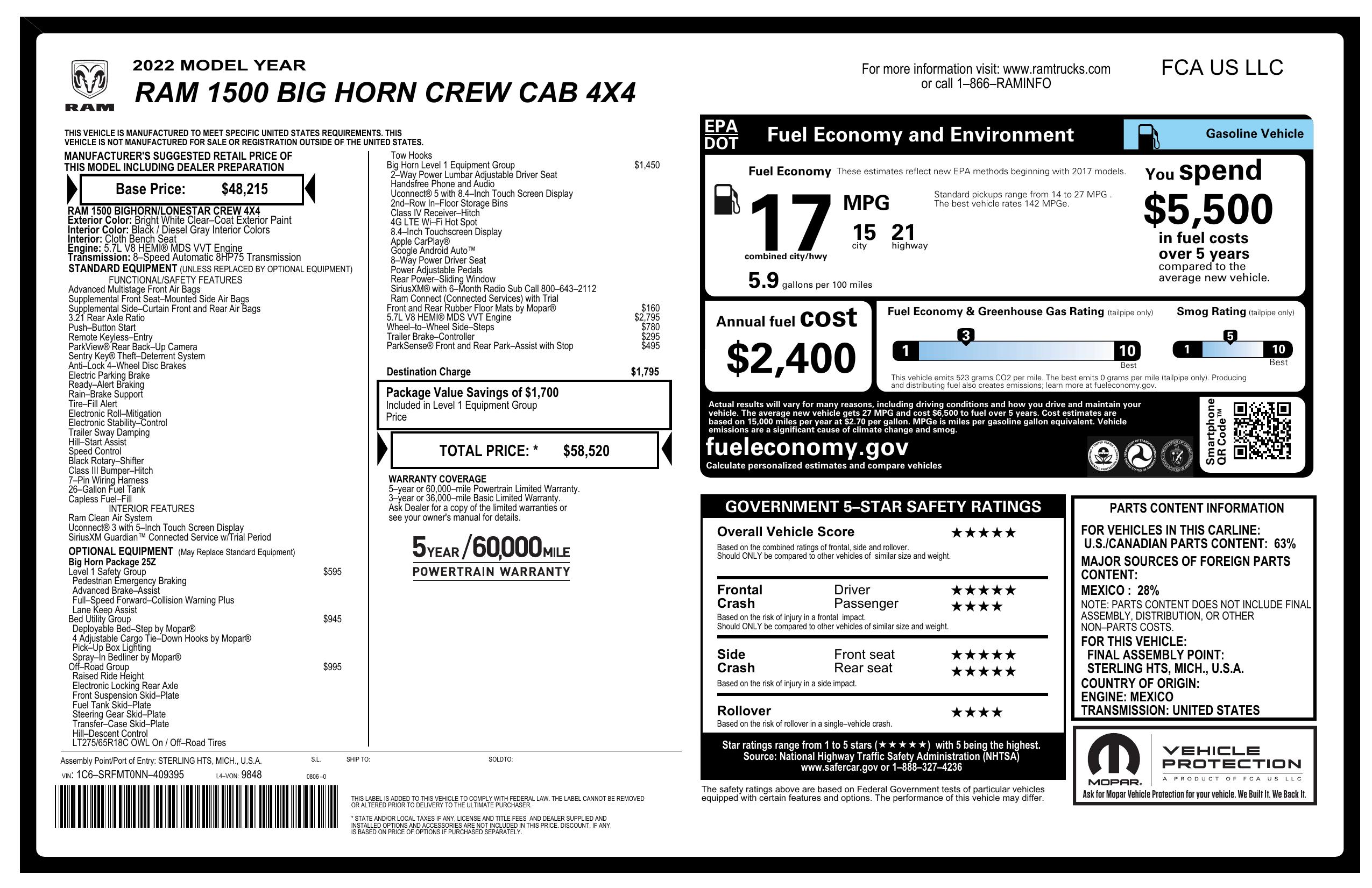 ramオーダーページ Window Sticker for 2022 Ram 1500 Big Horn 4x4 Crew Cab 6'4