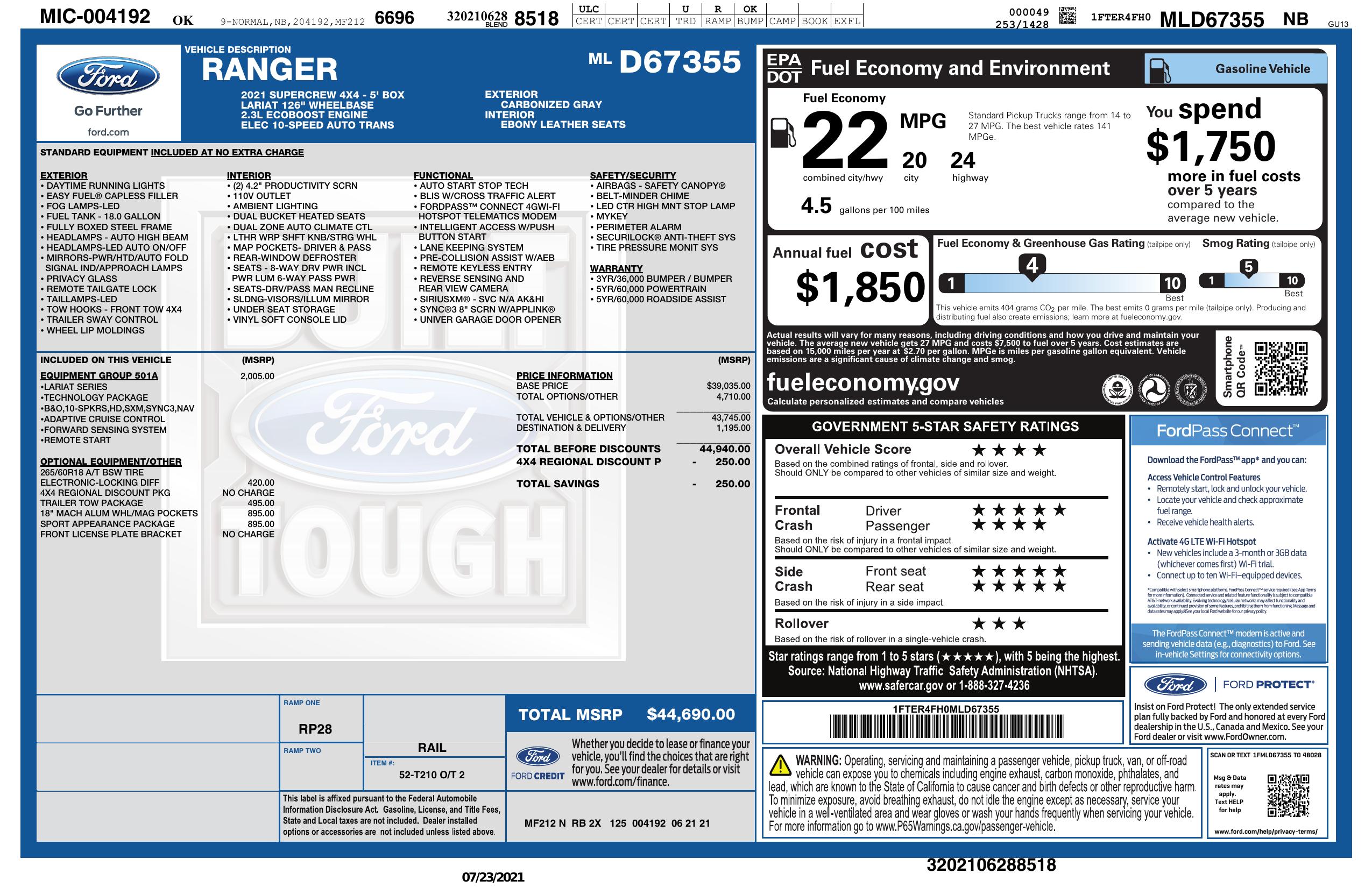 Window Sticker for 2021 Ford Ranger 4 Wd Super Crew 5' Box