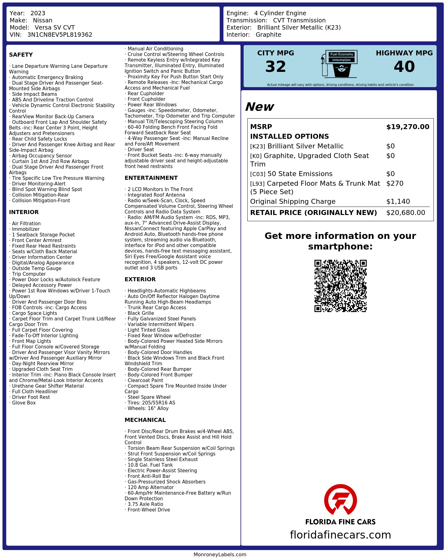 Original window sticker for 2023 NISSAN VERSA SV