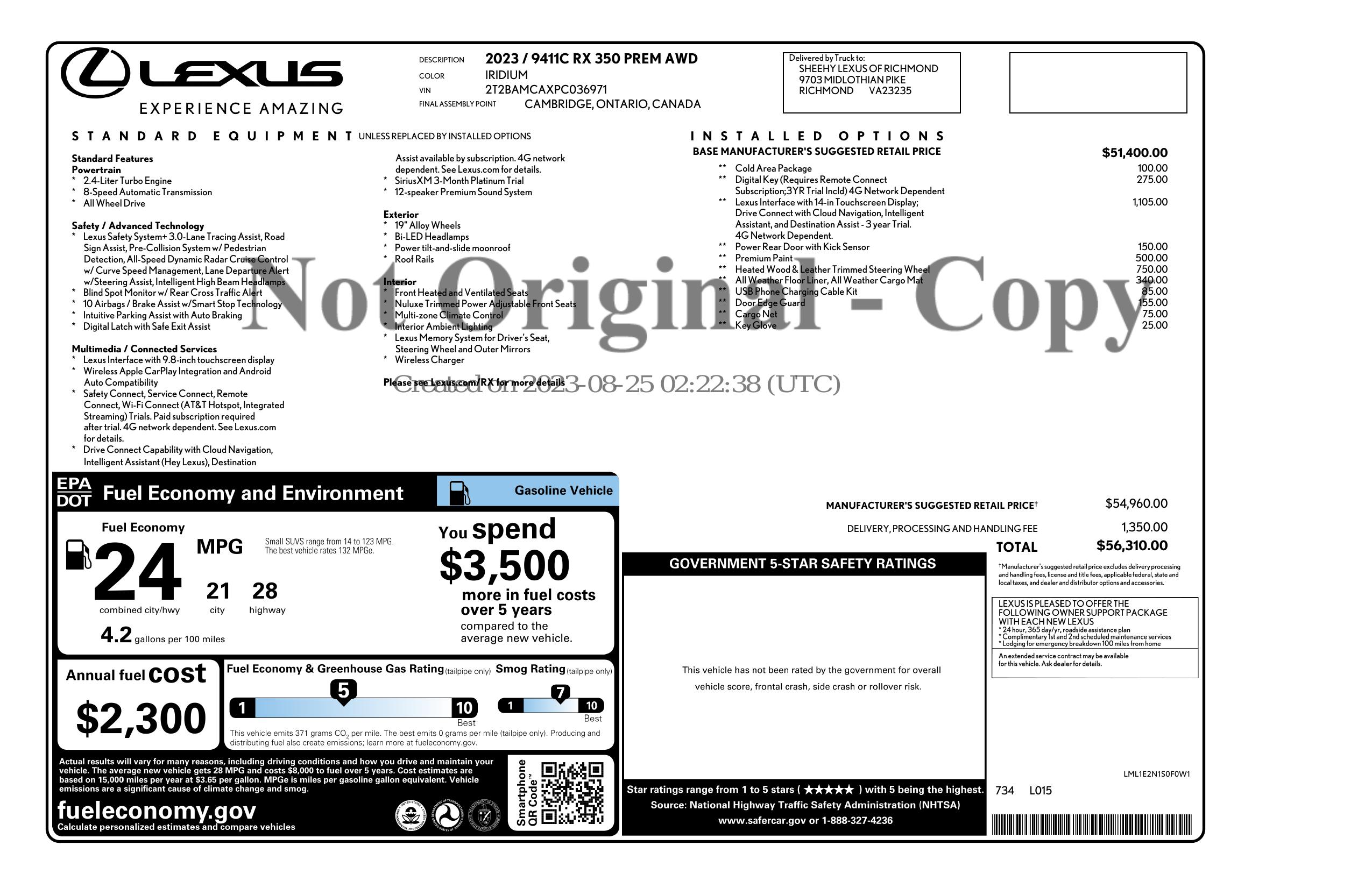 Window Sticker for 2023 Lexus Rx 350