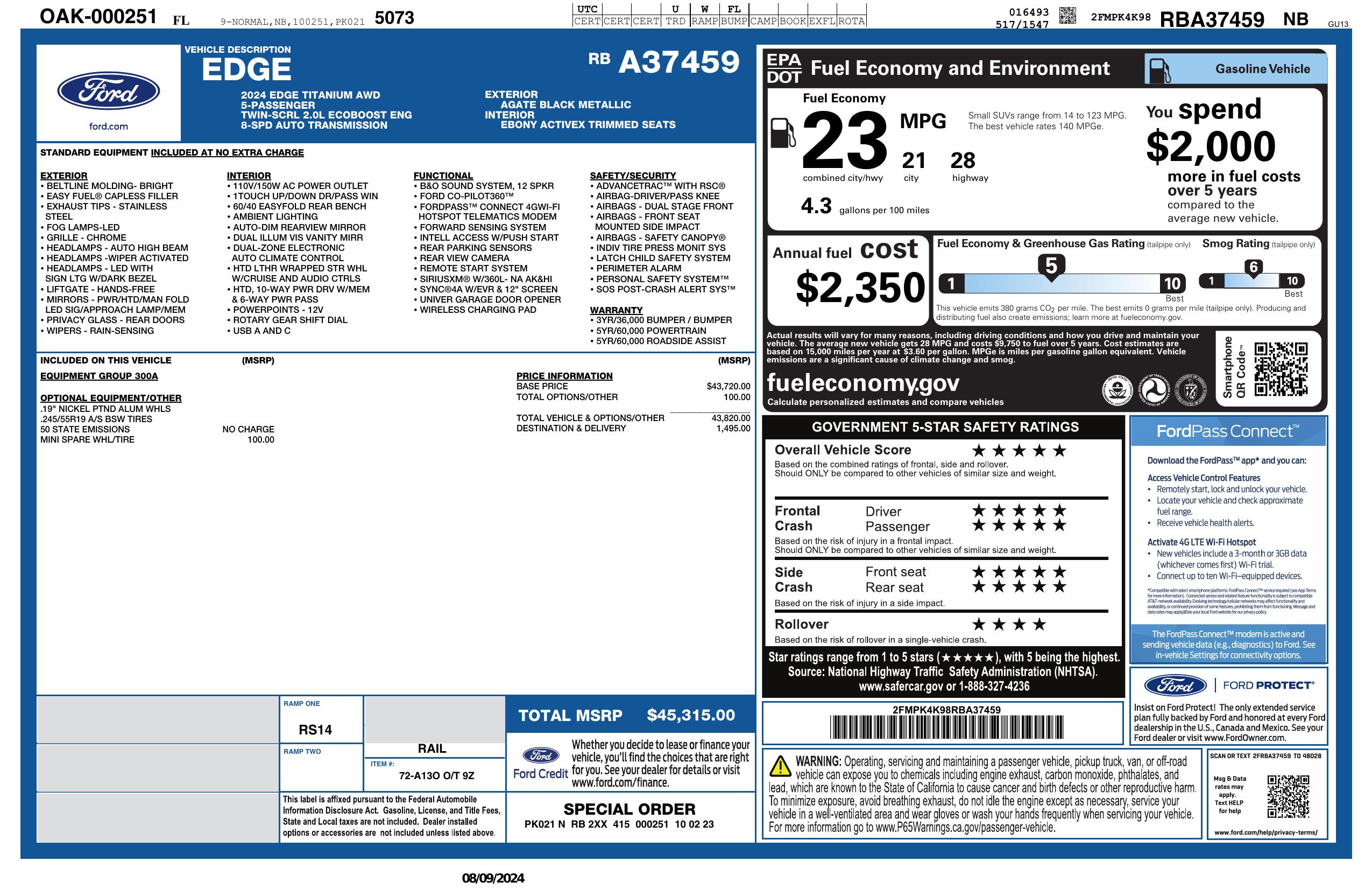 Window Sticker for 2024 Ford Edge Titanium Awd
