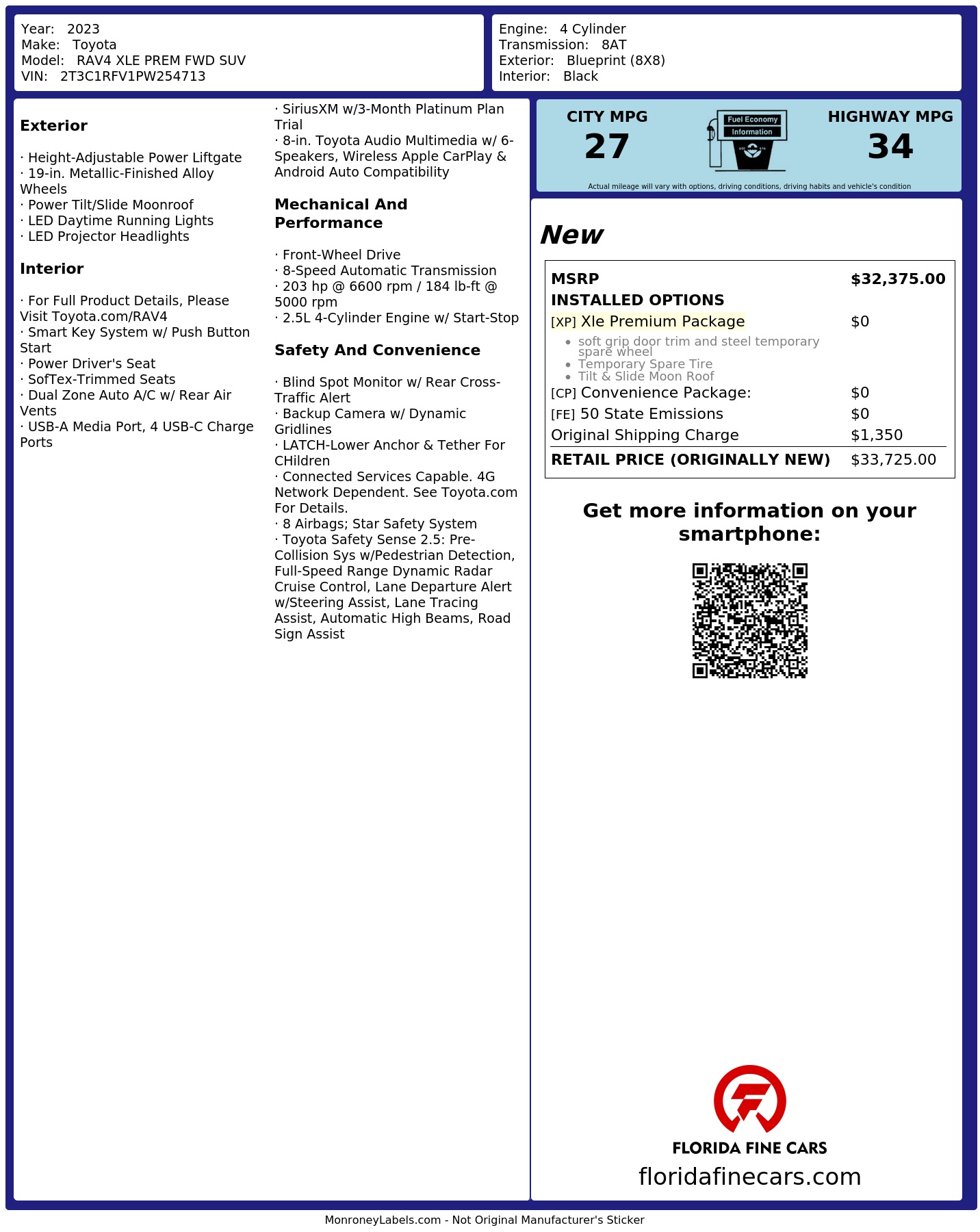 Original window sticker for 2023 TOYOTA RAV4 XLE PREMIUM