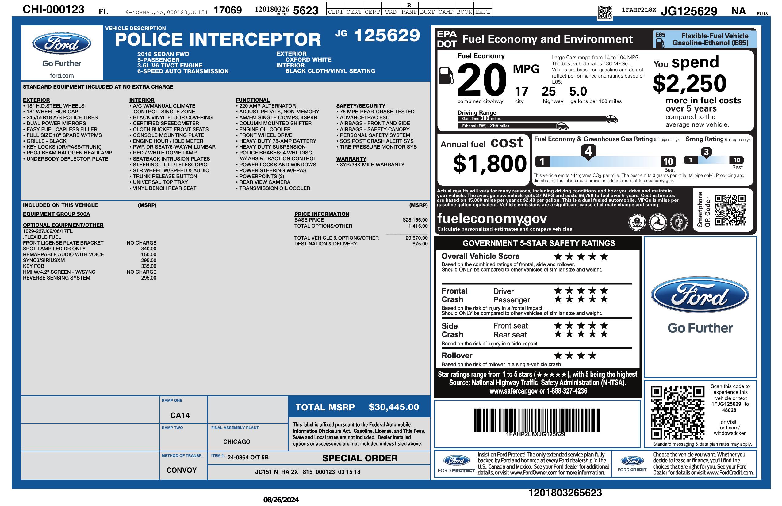 Window Sticker for 2018 Ford Police Interceptor Sedan Fwd