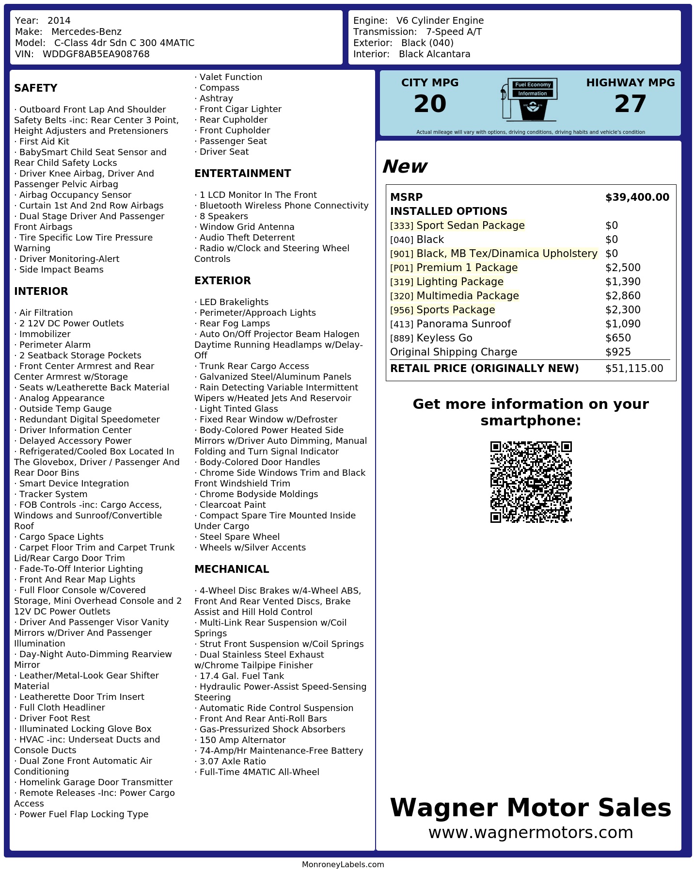 Window Sticker for 2014 Mercedes Benz C Class 4dr Sdn C 300 4 Matic