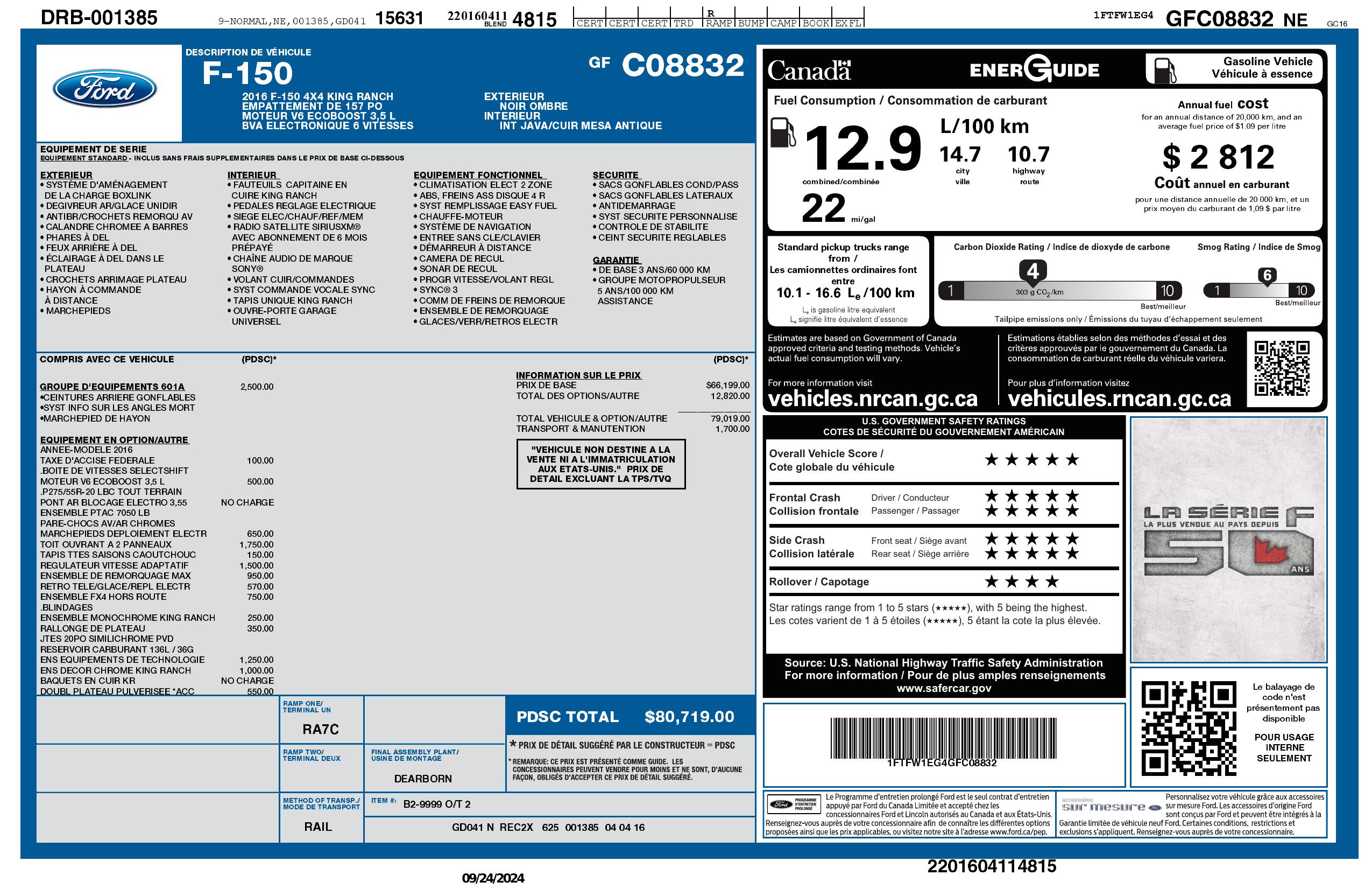 Window Sticker for 2016 Ford F 150 4 Wd Super Crew