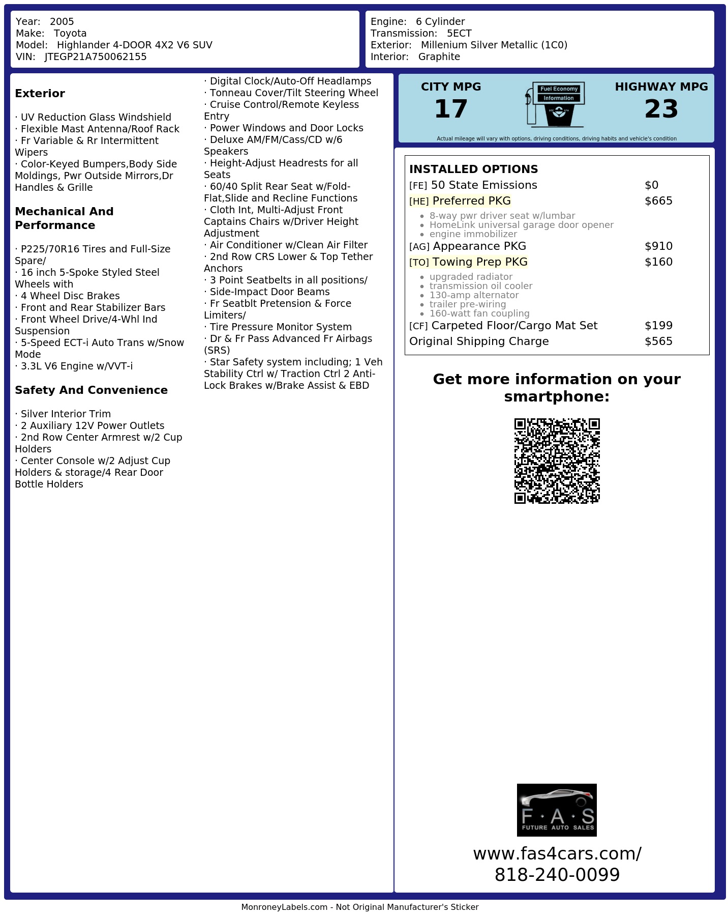 Window Sticker for 2005 Toyota Highlander 4 Door 4 X2 V6 Suv