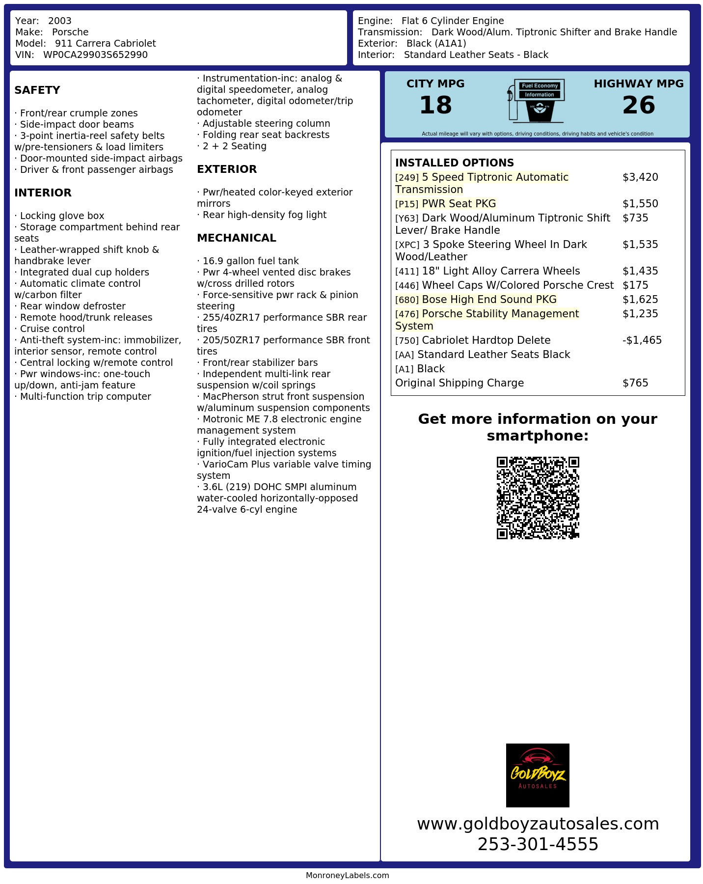 Window Sticker for 2003 Porsche 911 Carrera Cabriolet
