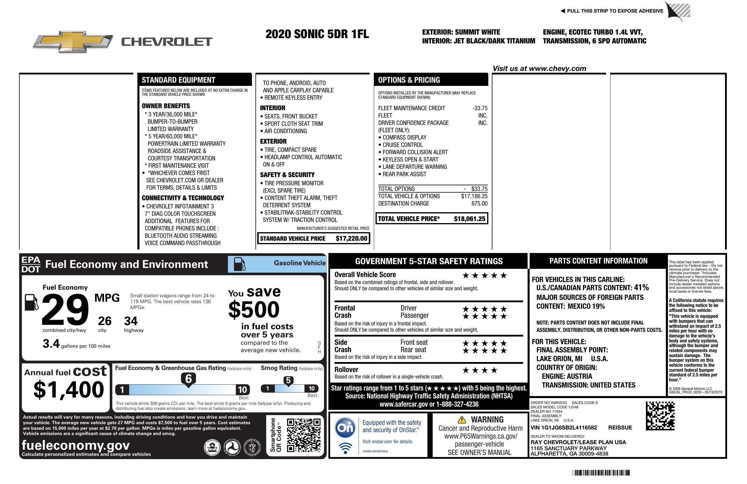 Window Sticker for 2020 Chevrolet Sonic 5dr Hb Lt W/1 Fl