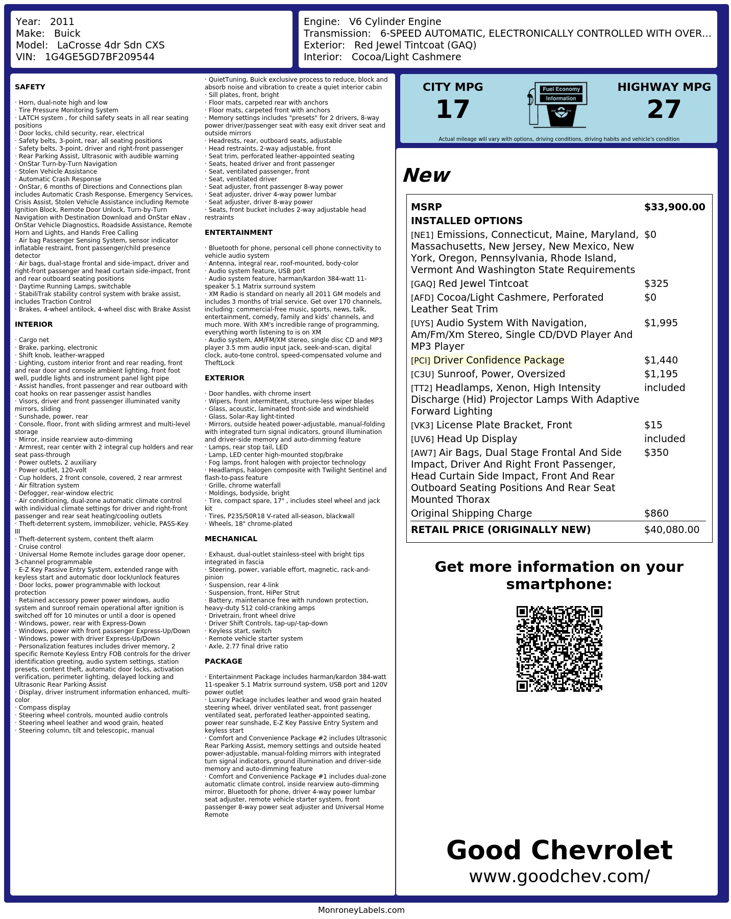 Window Sticker for 2011 Buick La Crosse 4dr Sdn Cxs