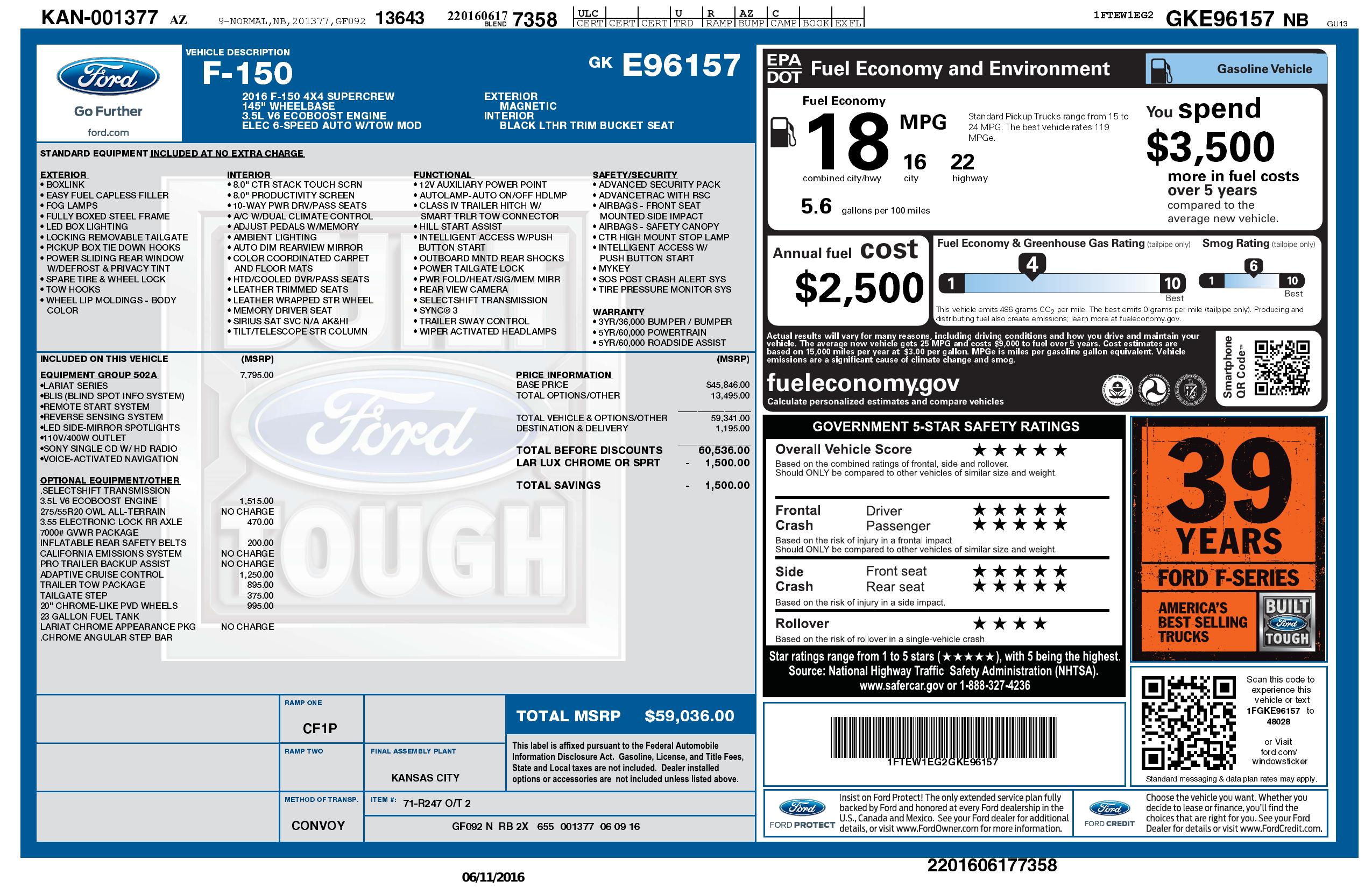 Window Sticker for 2016 Ford F 150 4x4 Lariat 4dr Super Crew 5.5 Ft. Sb