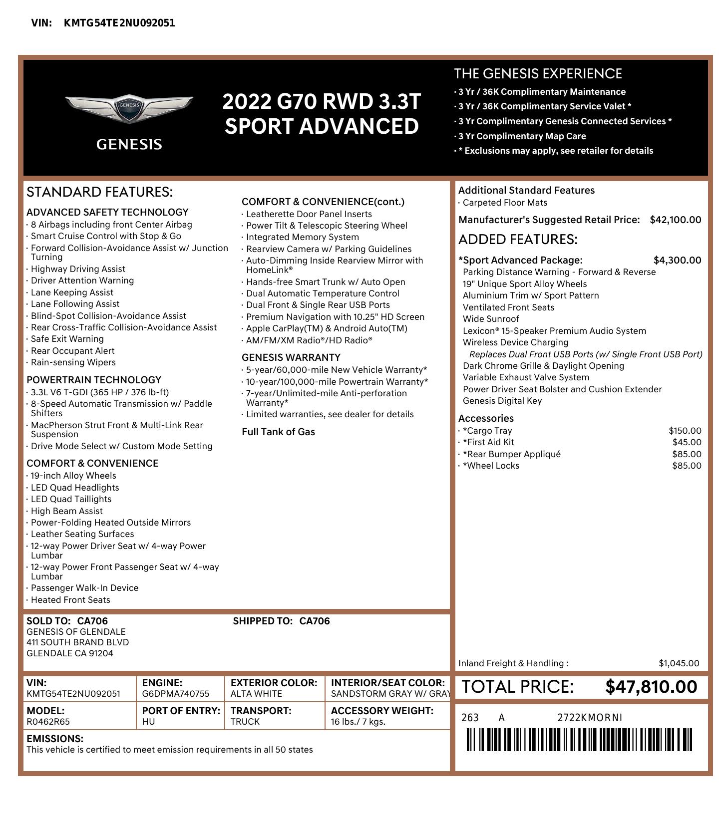 Window Sticker for 2022 Genesis G70 3.3 T Standard 4dr Sedan