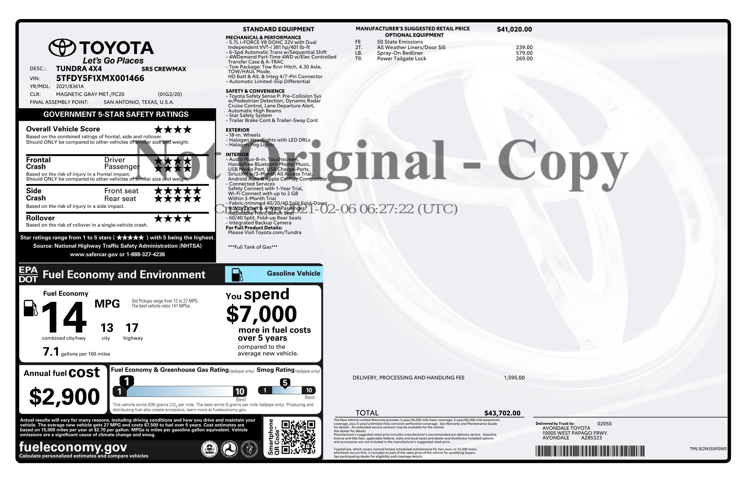 Original window sticker for 2021 TOYOTA TUNDRA 4WD SR5