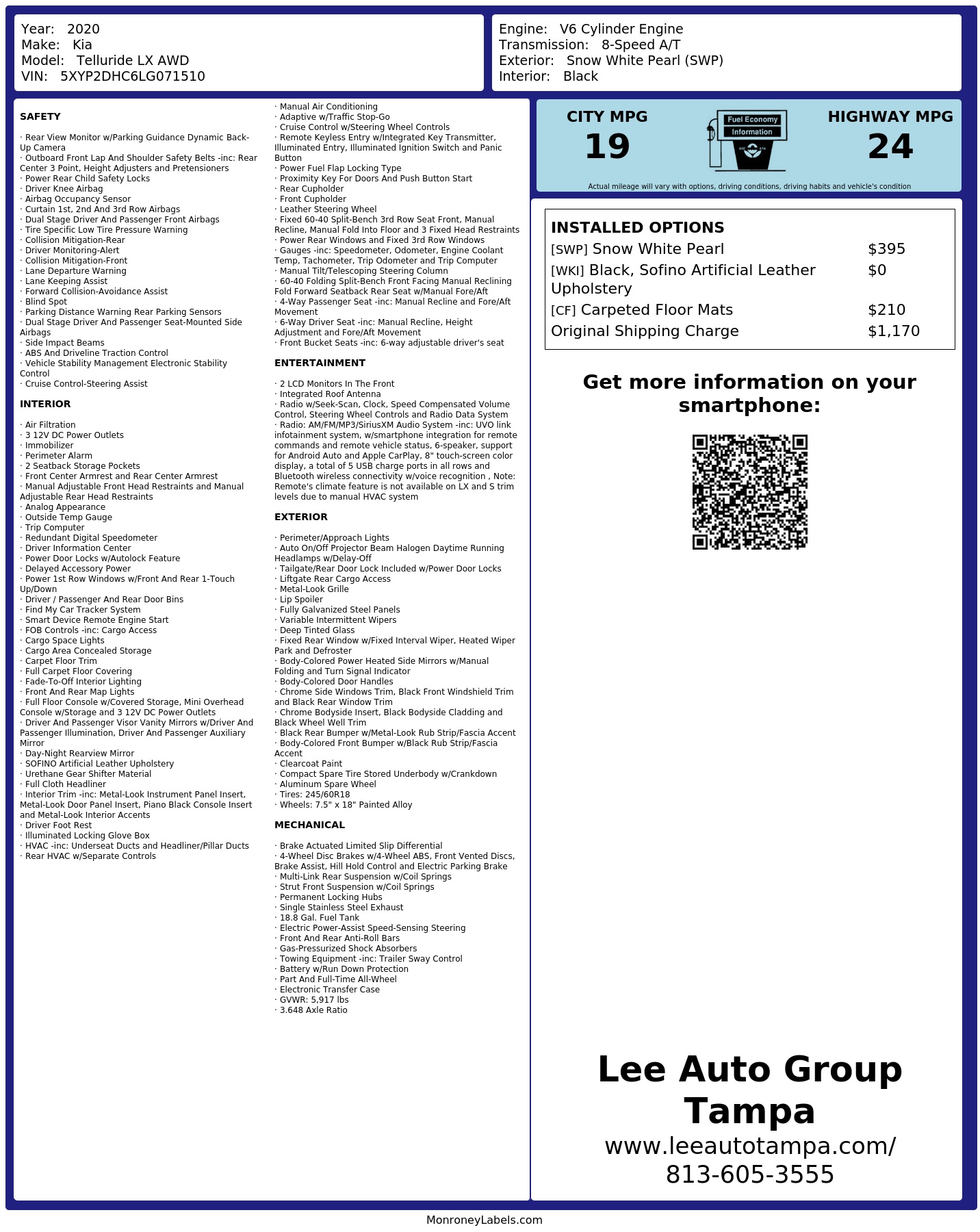Window Sticker for 2020 Kia Telluride Lx Awd