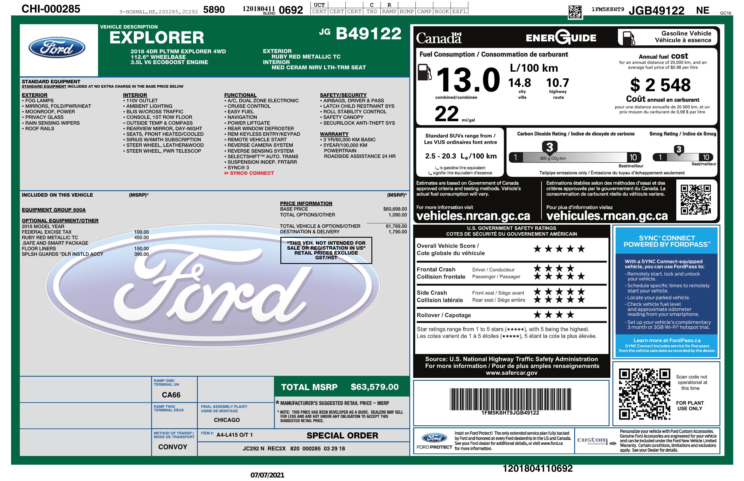 Window Sticker for 2018 Ford Explorer Platinum 4 Wd