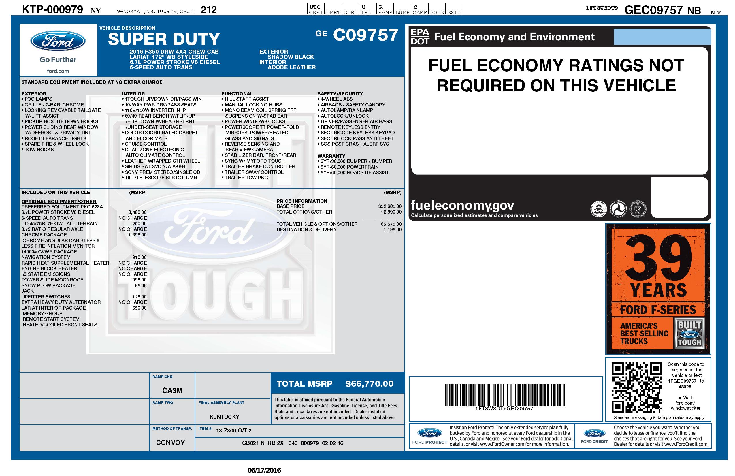 Window Sticker for 2016 Ford Super Duty F 350 Drw 4x4 Lariat 4dr Crew ...