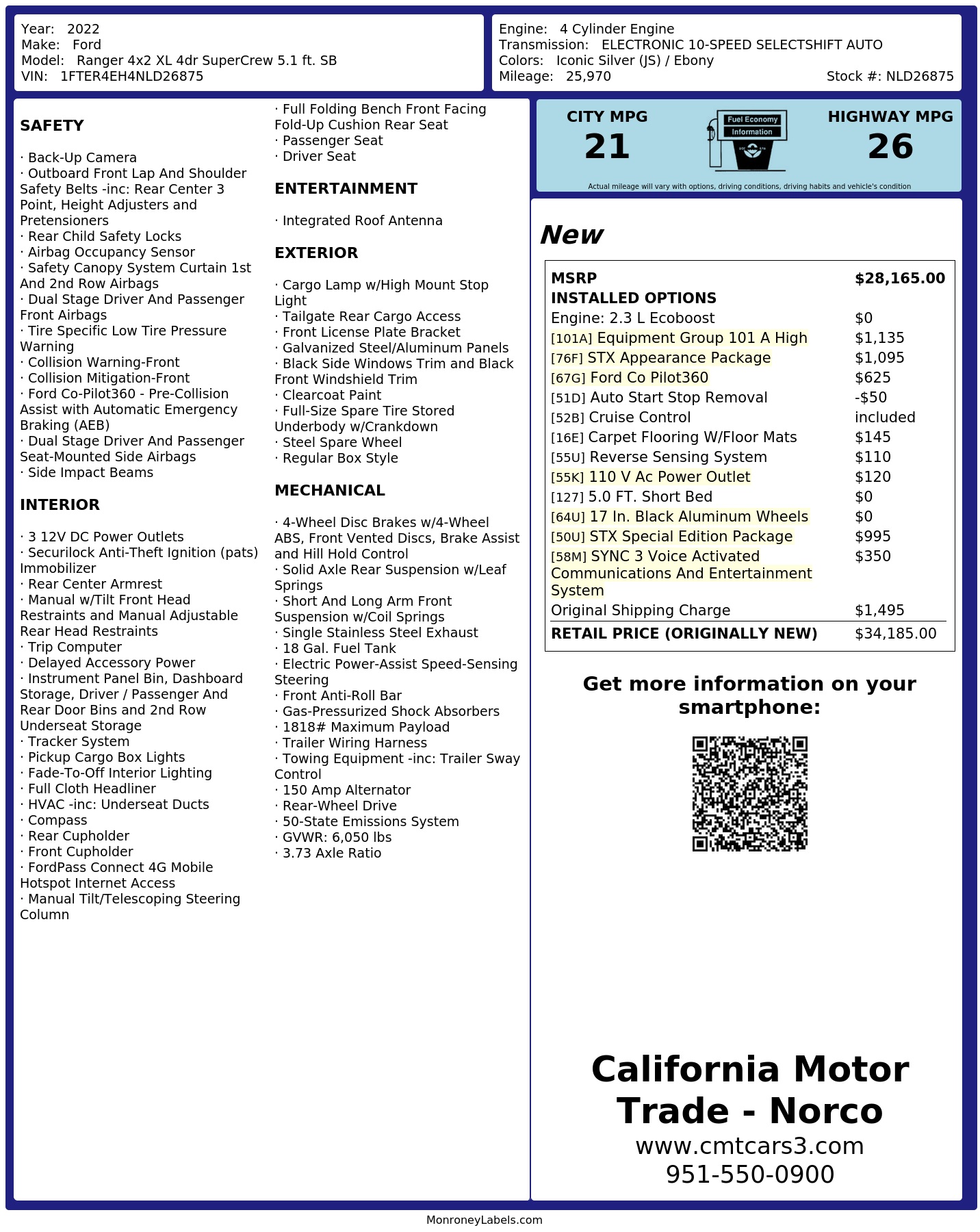 Sold 2022 Ford Ranger XL in Norco