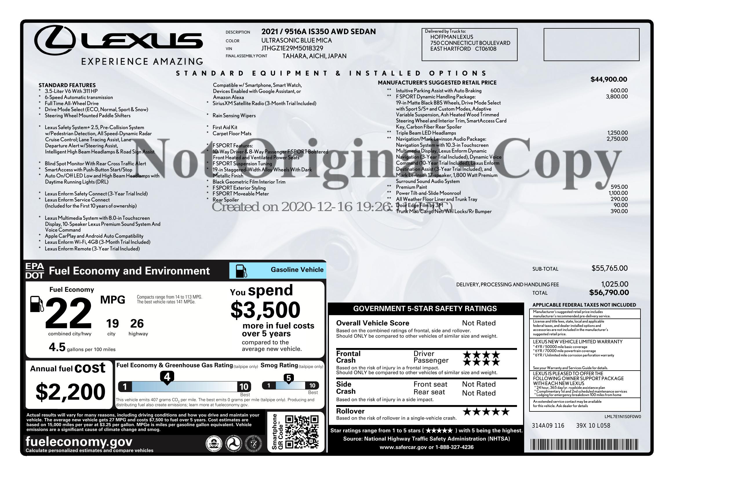 Original window sticker for 2021 LEXUS IS IS 350 F SPORT