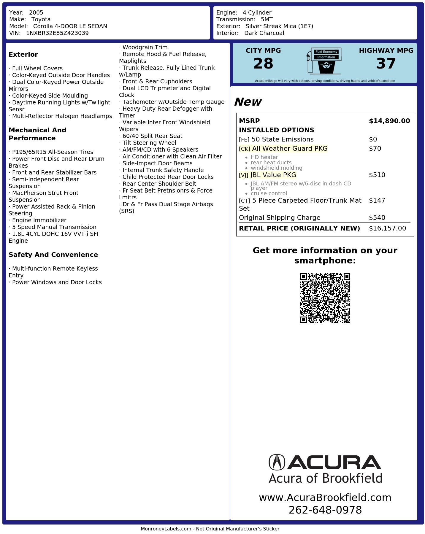 Window Sticker for 2005 Toyota Corolla 4 Door Le Sedan