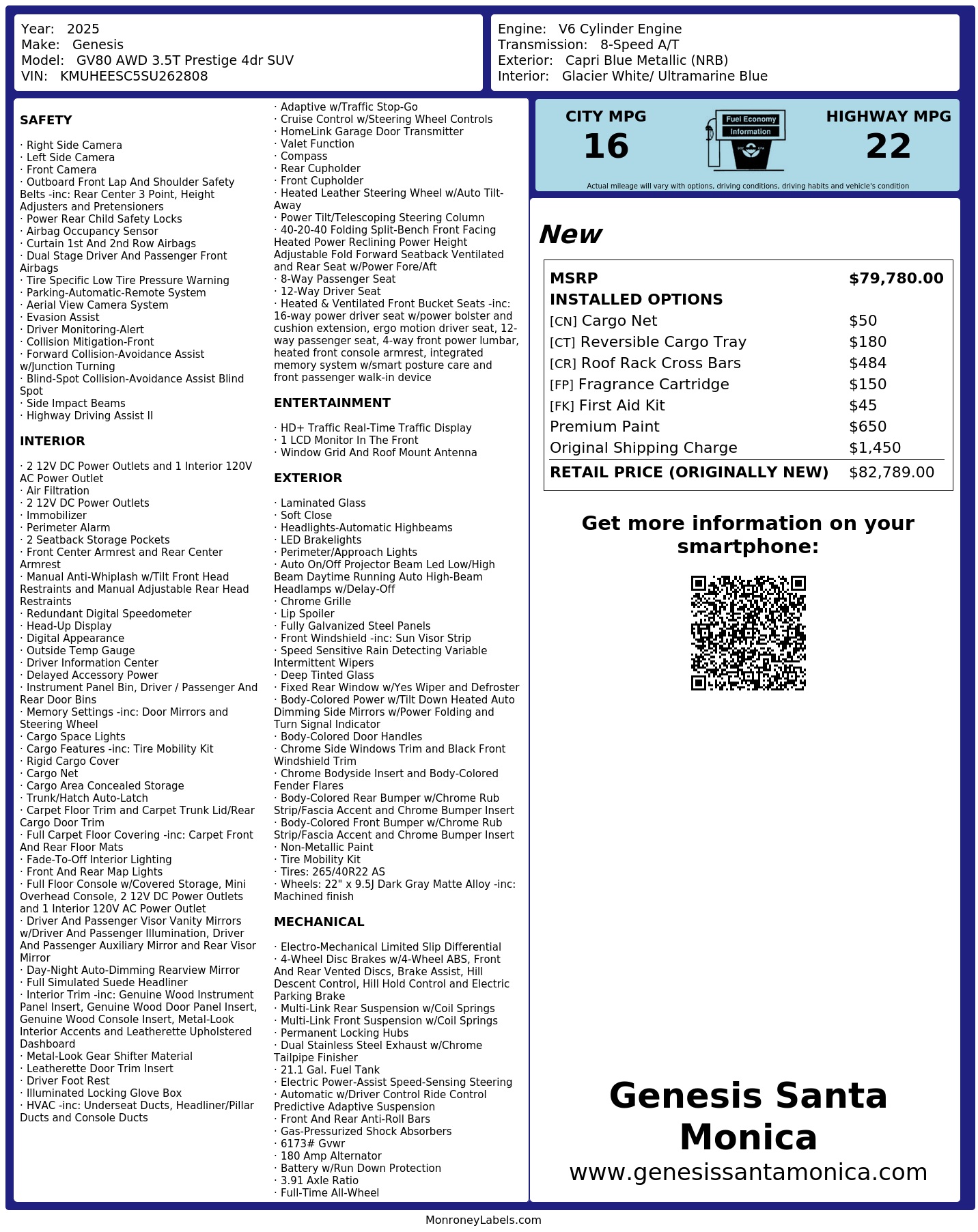 Window Sticker for 2025 Genesis Gv80 Awd 3.5 T Prestige 4dr Suv
