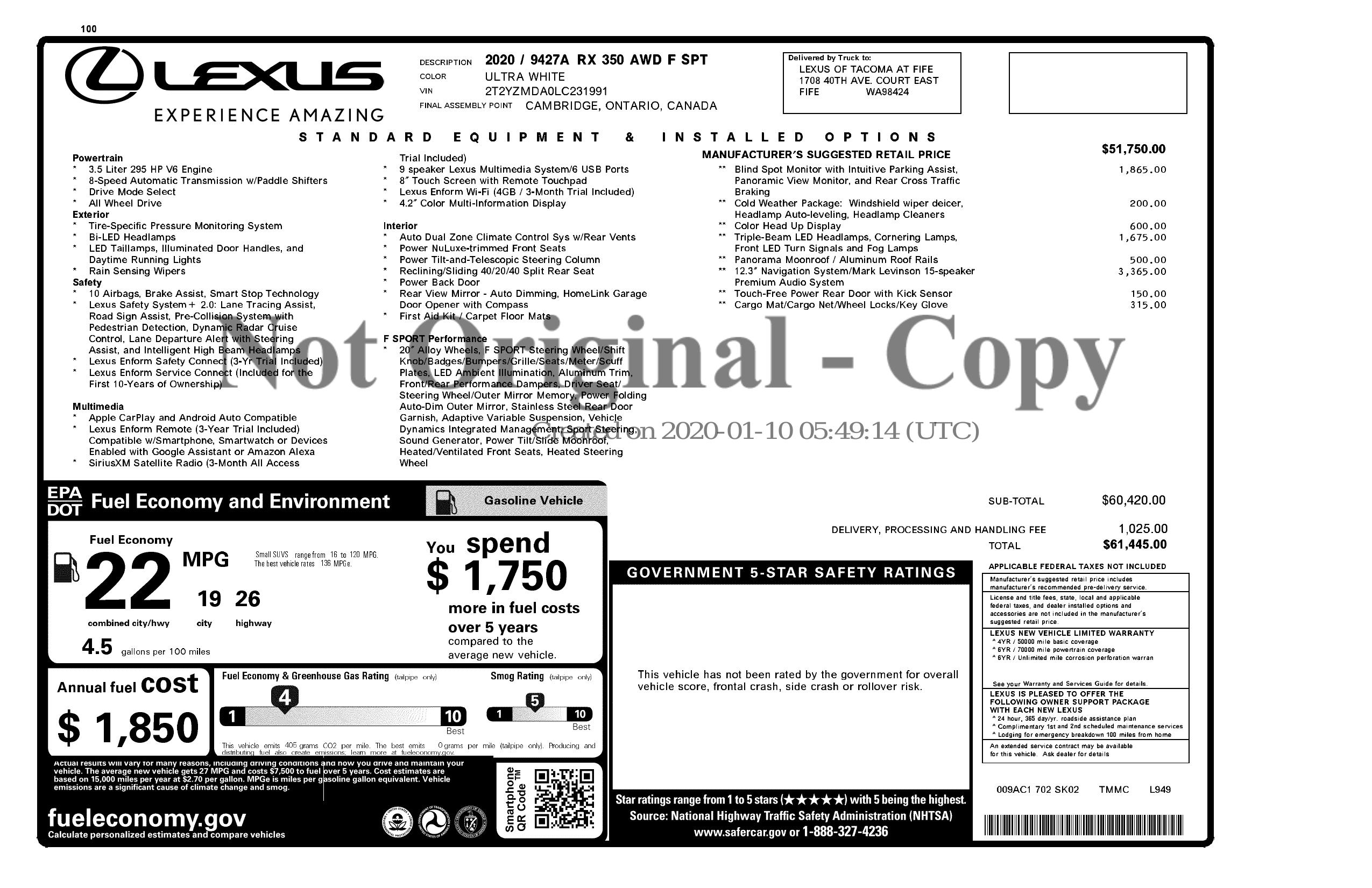 Window Sticker for 2020 Lexus Rx Rx 350 F Sport Performance Awd