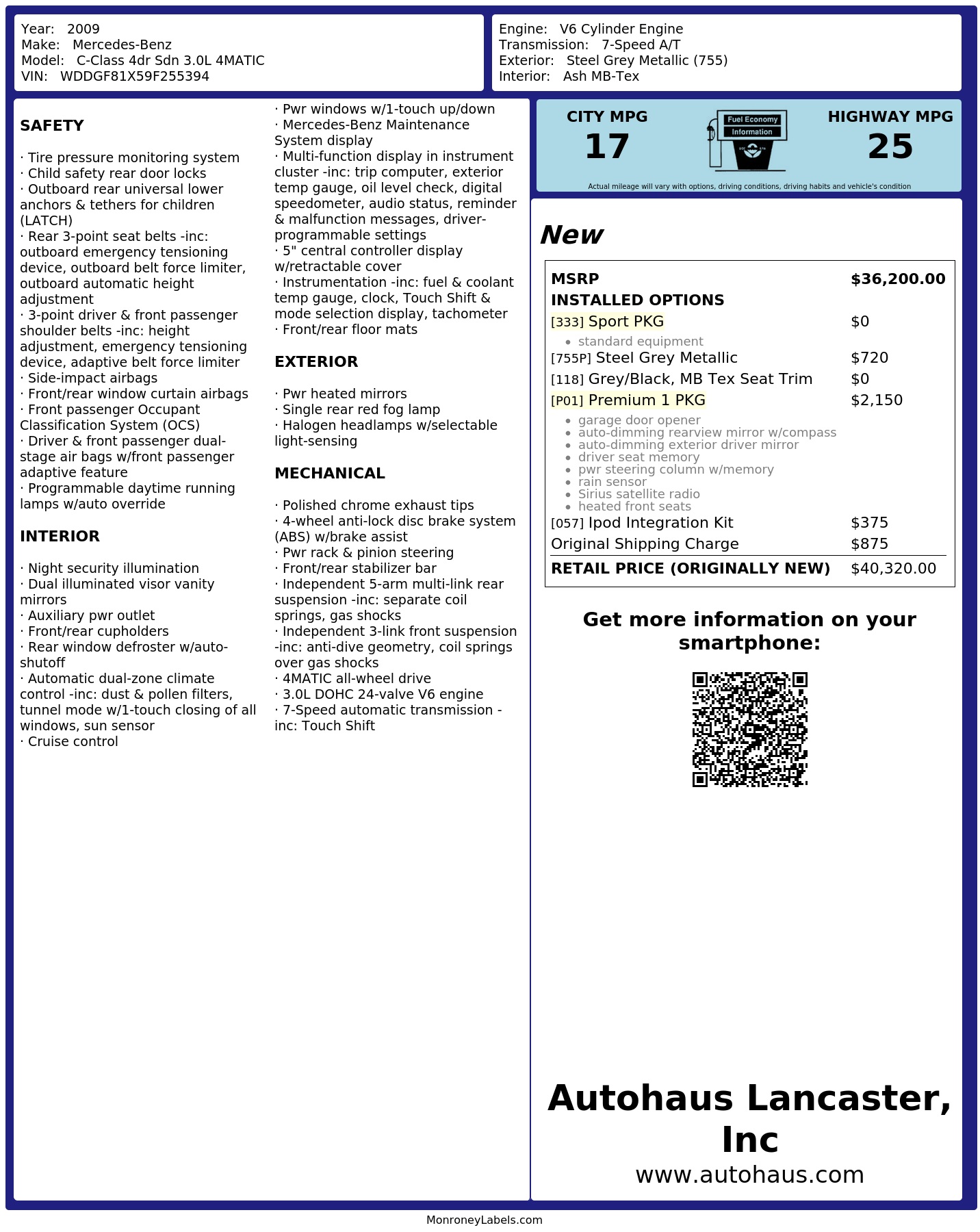 Window Sticker for 2009 Mercedes Benz C Class 4dr Sdn 3.0 L 4 Matic