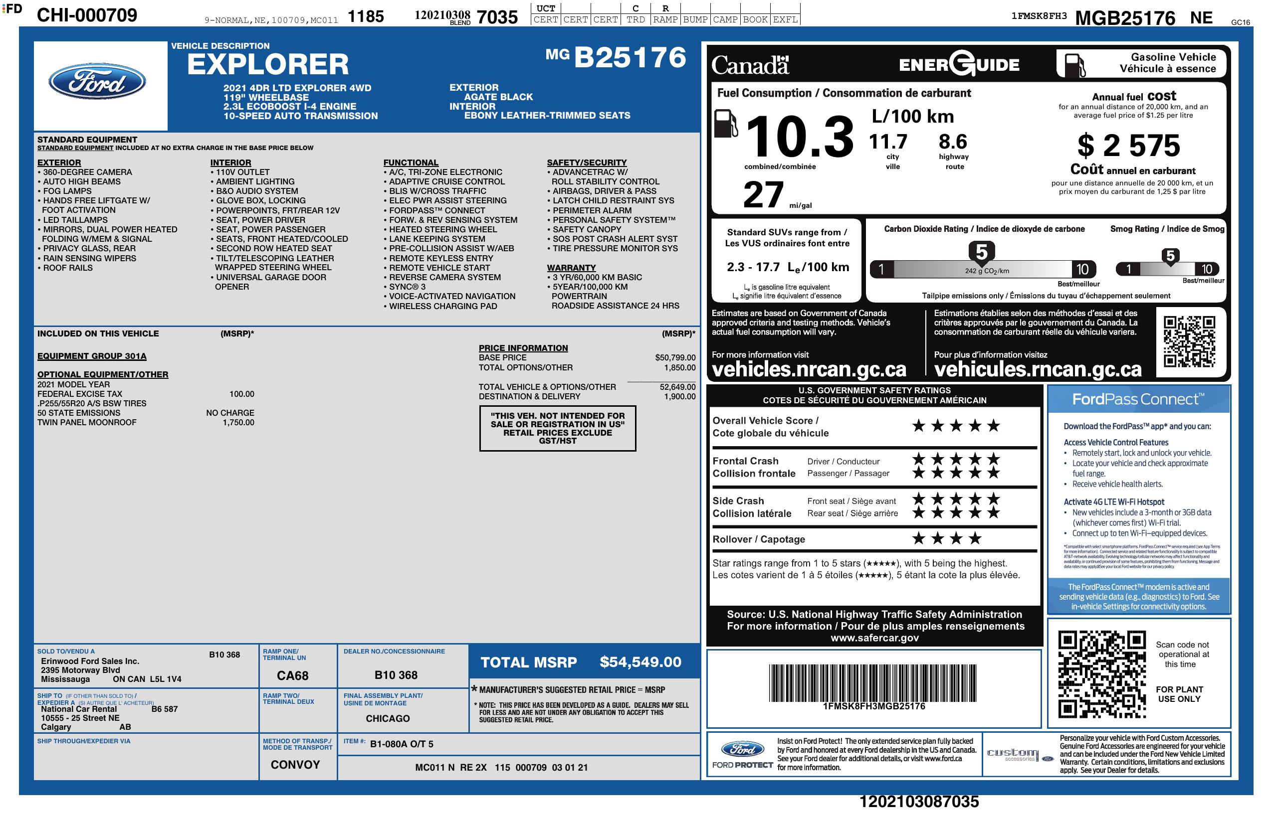 Window Sticker Price Window Sticker for 2021 Ford Explorer Limited 4 Wd