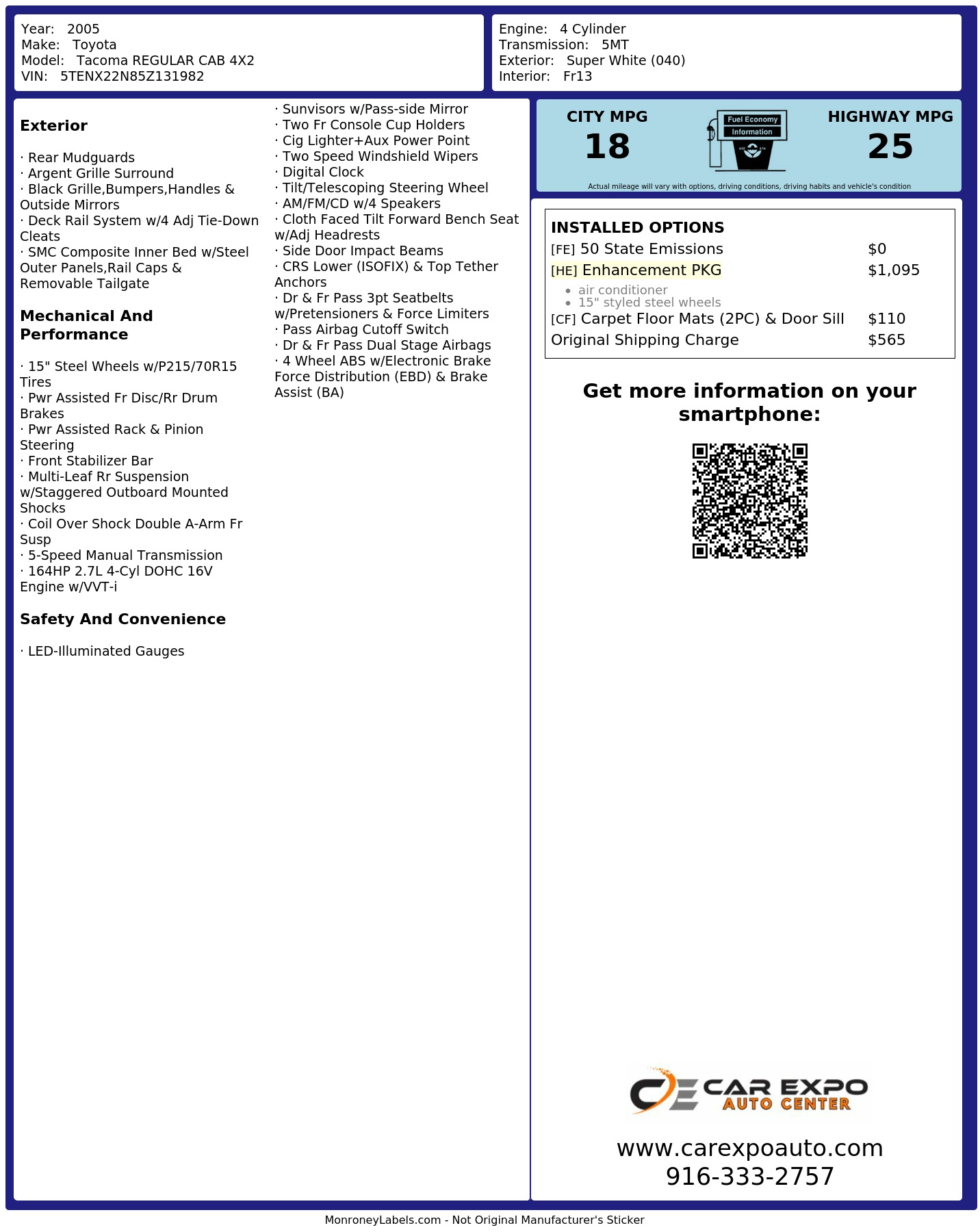 Window Sticker for 2005 Toyota Tacoma Regular Cab 4 X2