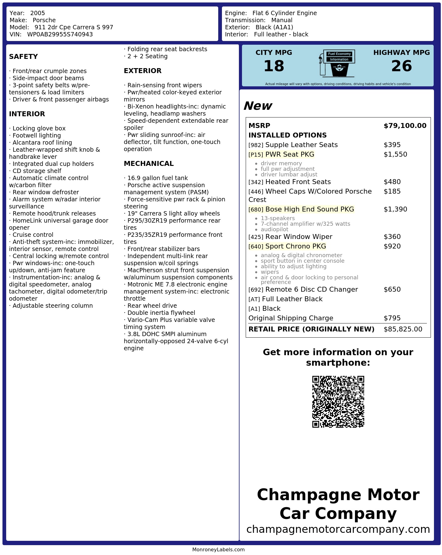 Window Sticker for 2005 Porsche 911 2dr Cpe Carrera S 997