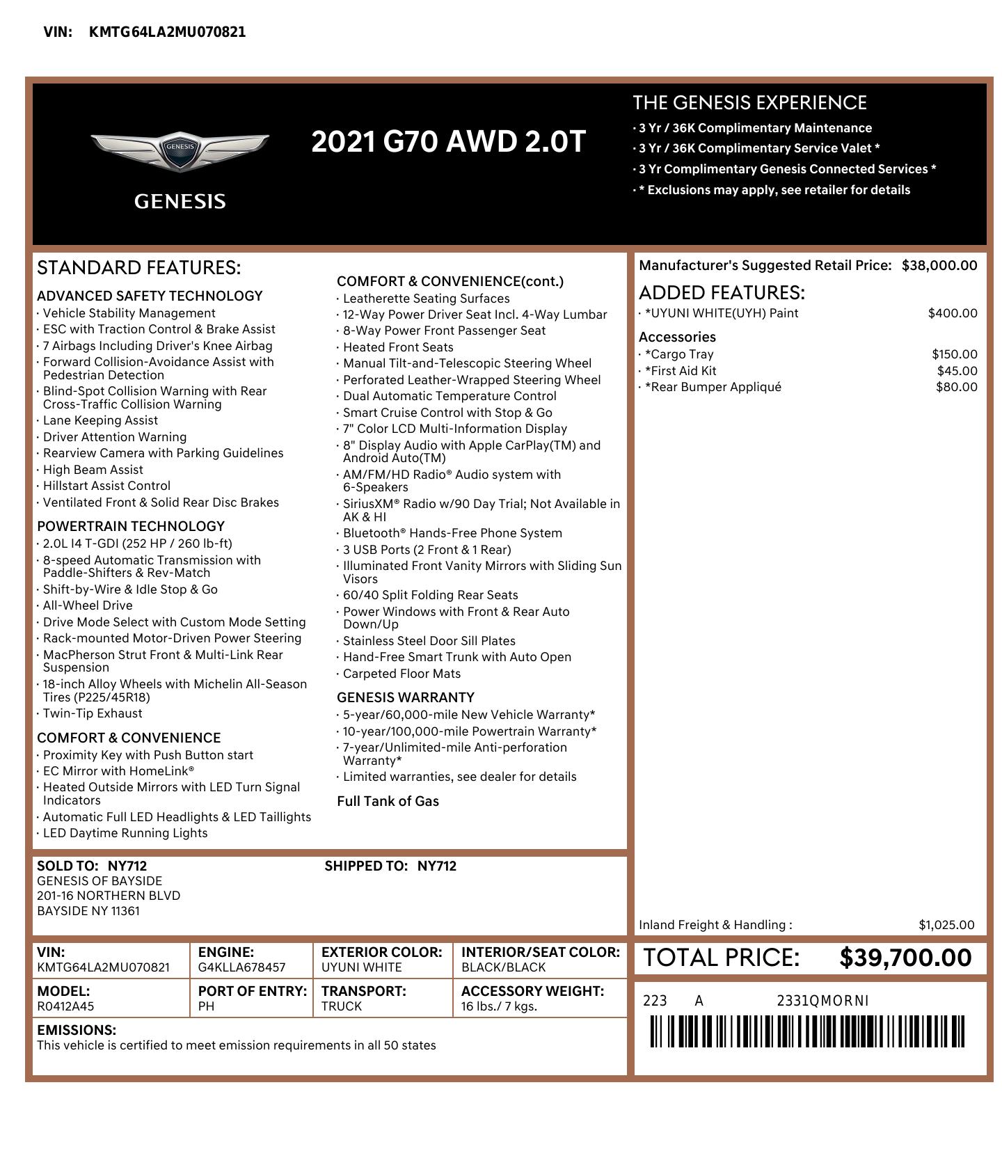 Window Sticker for 2021 Genesis G70 Awd 2.0 T 4dr Sedan