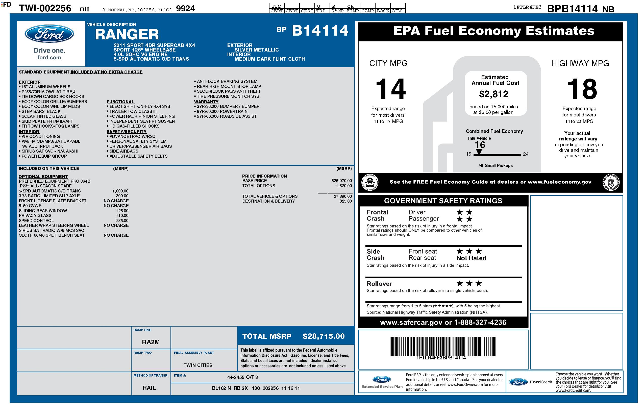 Window Sticker for 2011 Ford Ranger 4 Wd 4dr Super Cab 126