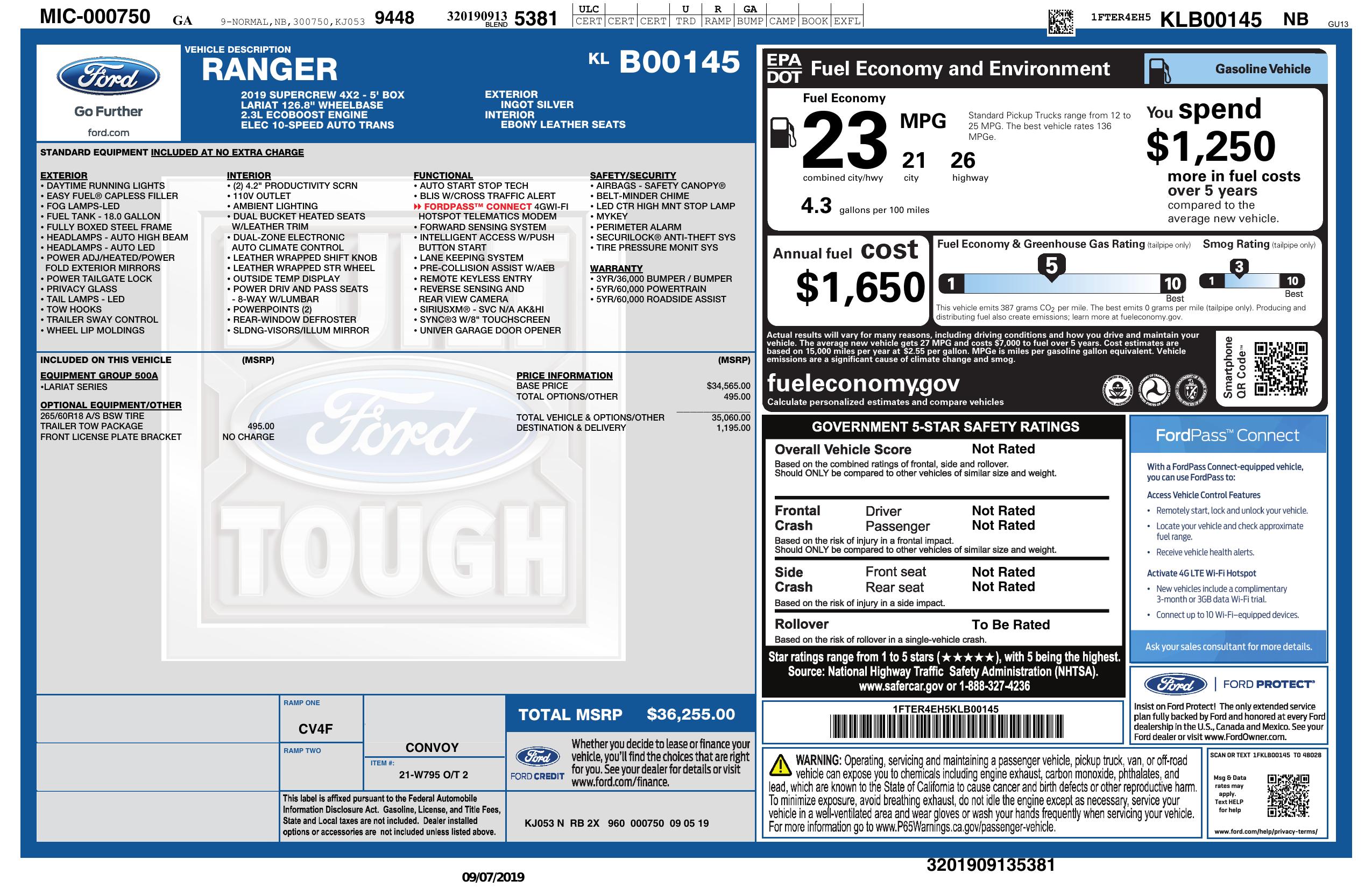 Window Sticker for 2019 Ford Ranger 2 Wd Super Crew 5' Box