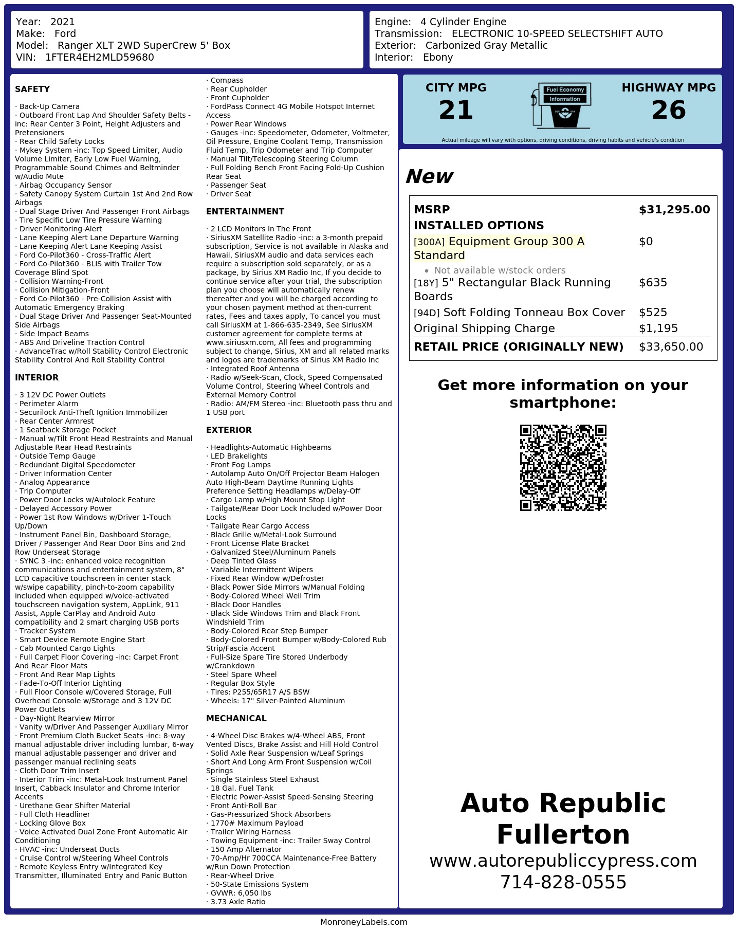 Window Sticker for 2021 Ford Ranger Xlt 2 Wd Super Crew 5' Box