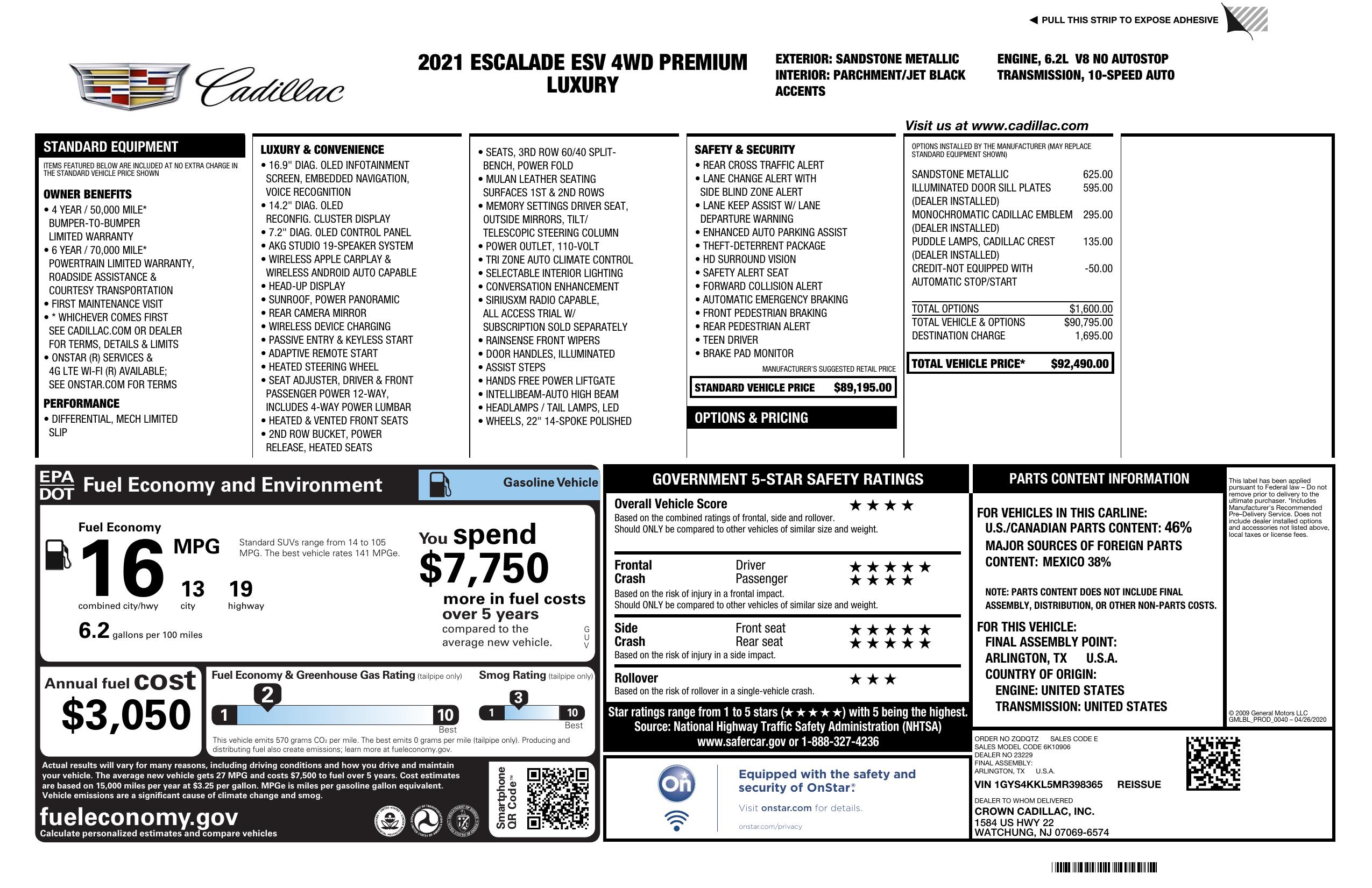 Original window sticker for 2021 CADILLAC ESCALADE ESV PREMIUM LUXURY