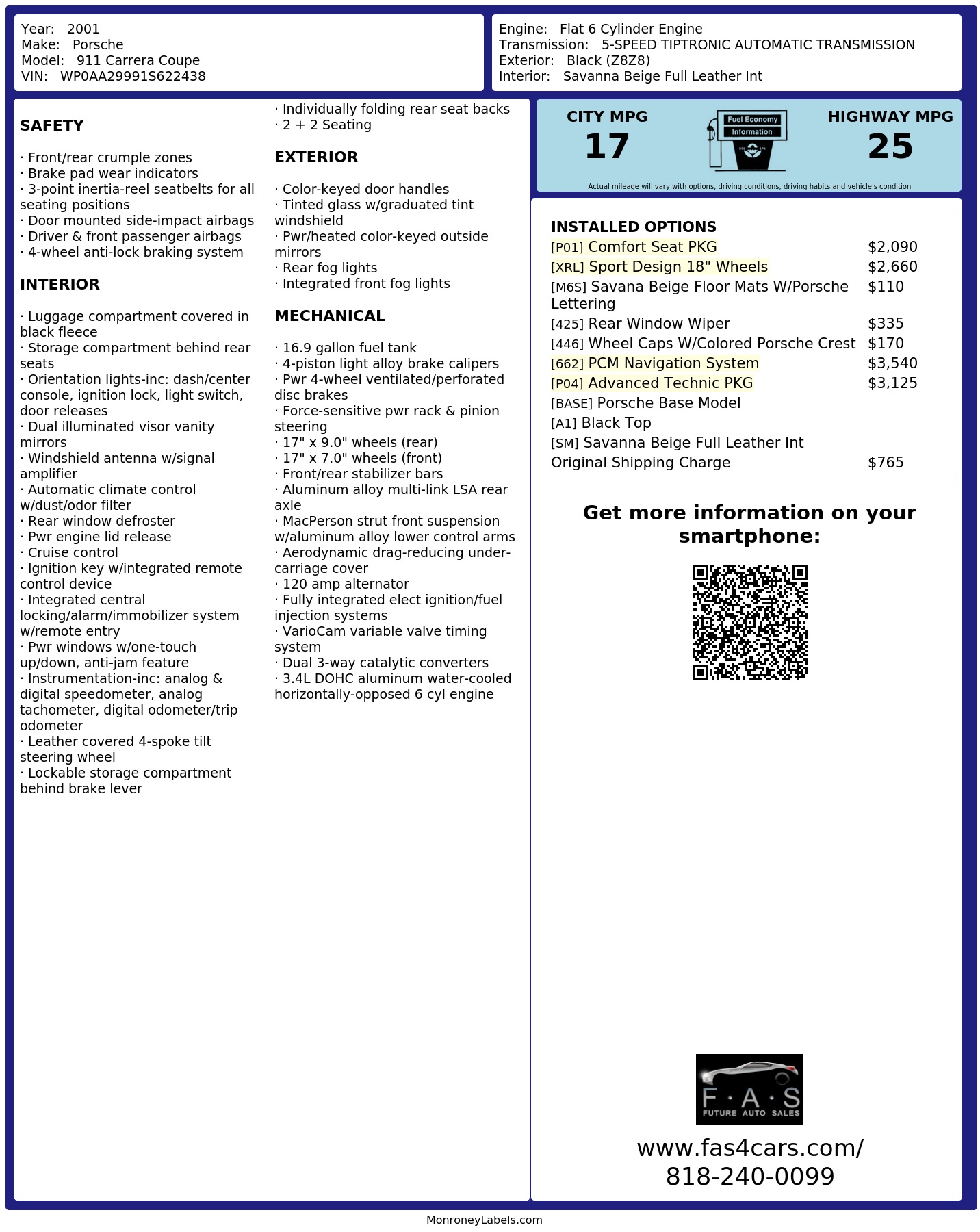 Window Sticker for 2001 Porsche 911 Carrera Coupe