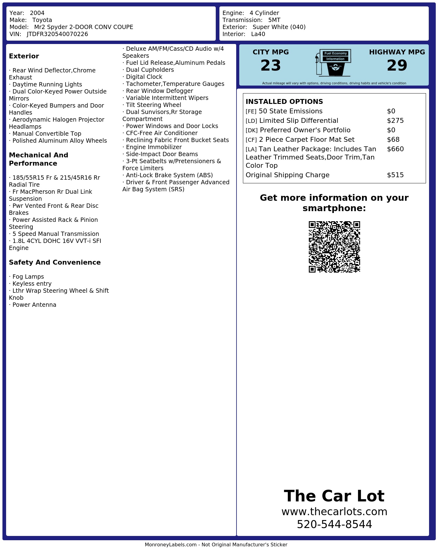 Window Sticker for 2004 Toyota Mr2 Spyder 2 Door Conv Coupe