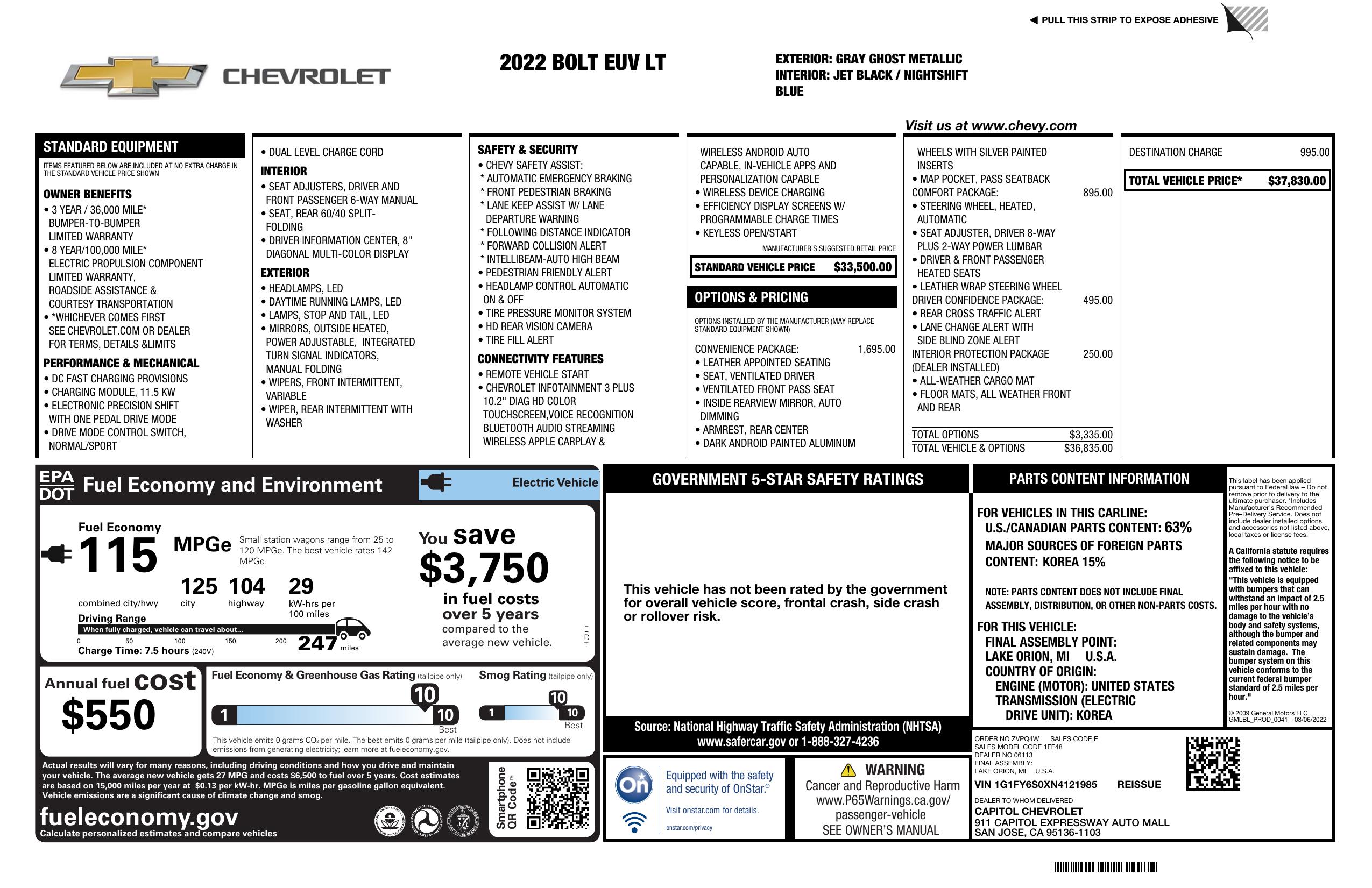 Window Sticker for 2022 Chevrolet Bolt Euv Fwd 4dr Lt