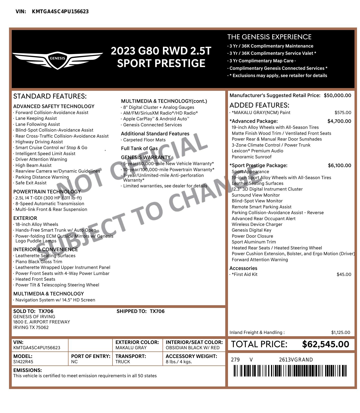 Window Sticker for 2023 Genesis G80 2.5 T 4dr Sedan