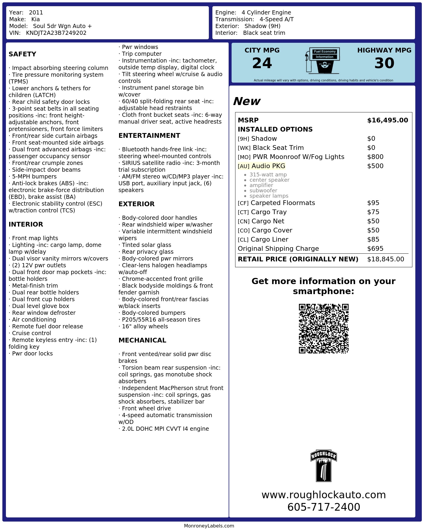 Window Sticker for 2011 Kia Soul 5dr Wgn Auto