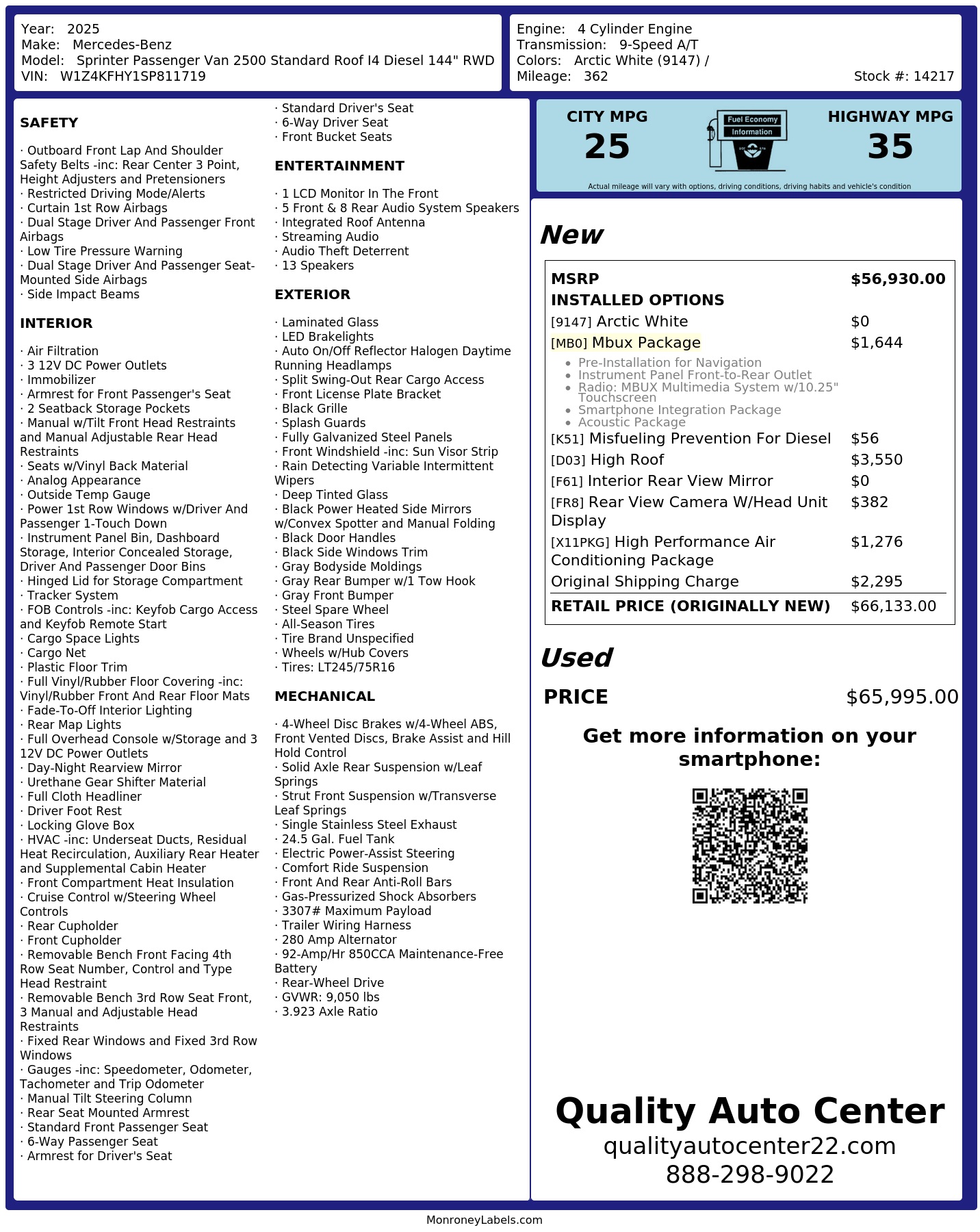 Passsenger Window Sticker Window Sticker for 2025 Mercedes Benz Sprinter Passenger Van 2500 Standard Roof I4 Diesel 144