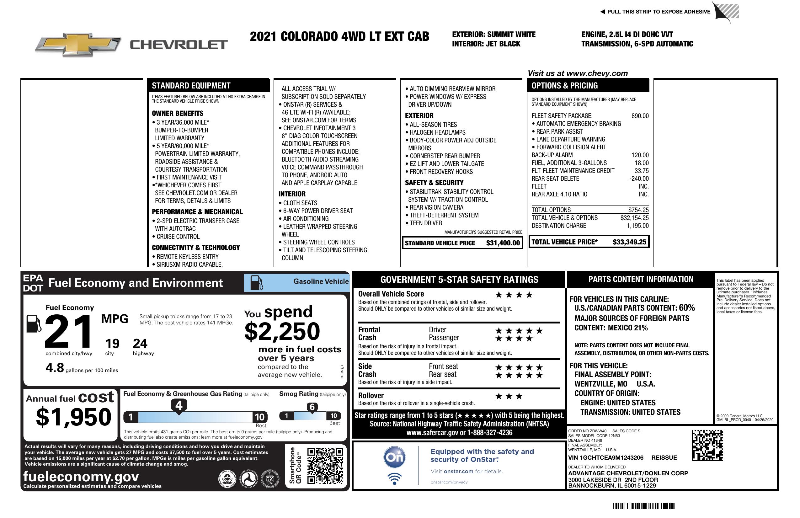 4wd Label Used 2021 CHEVROLET COLORADO 4WD LT for sale in WEST PALM | 155119