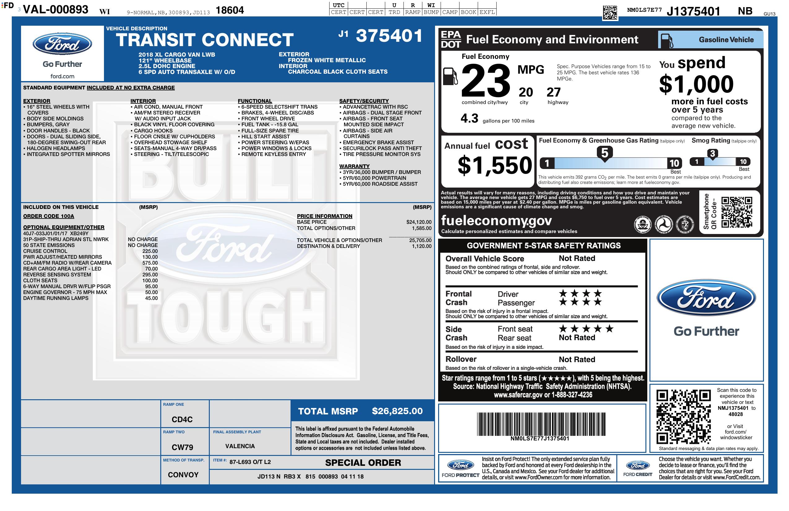 Window Sticker for 2018 Ford Transit Connect Van Xl Lwb W/Rear ...