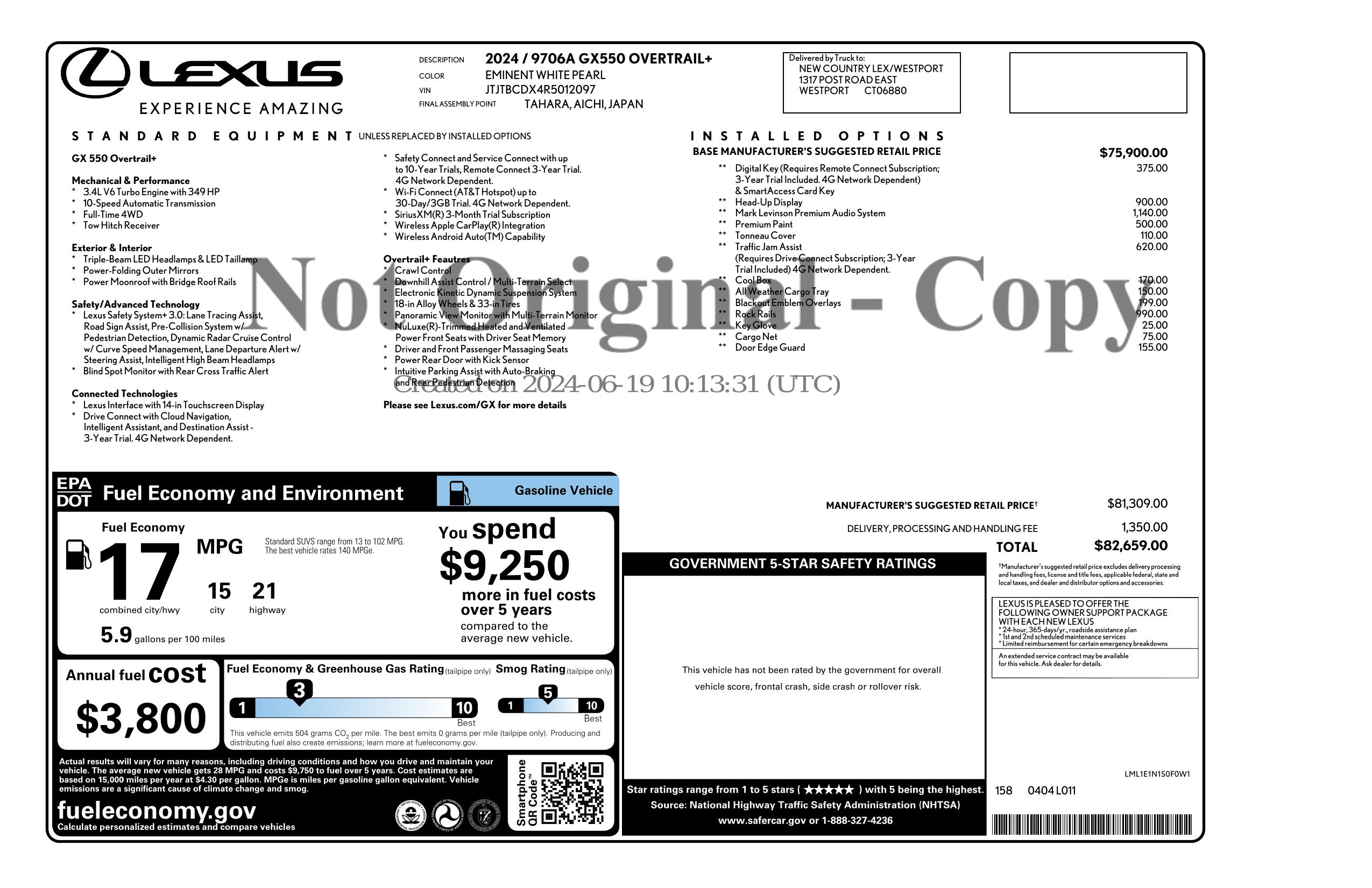 Window Sticker for 2024 Lexus Gx 550 4 Wd