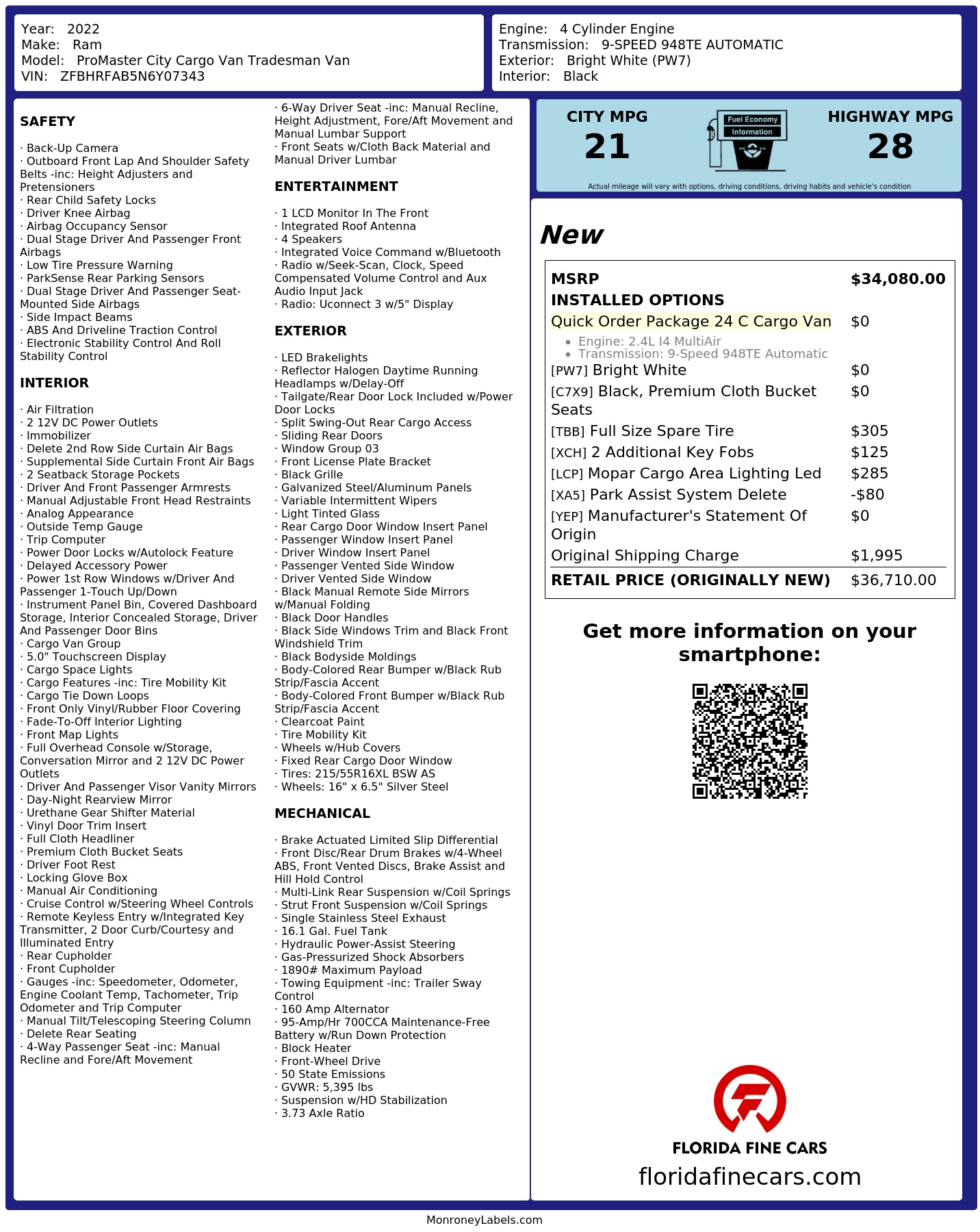 Original window sticker for 2022 RAM PROMASTER CITY TRADESMAN