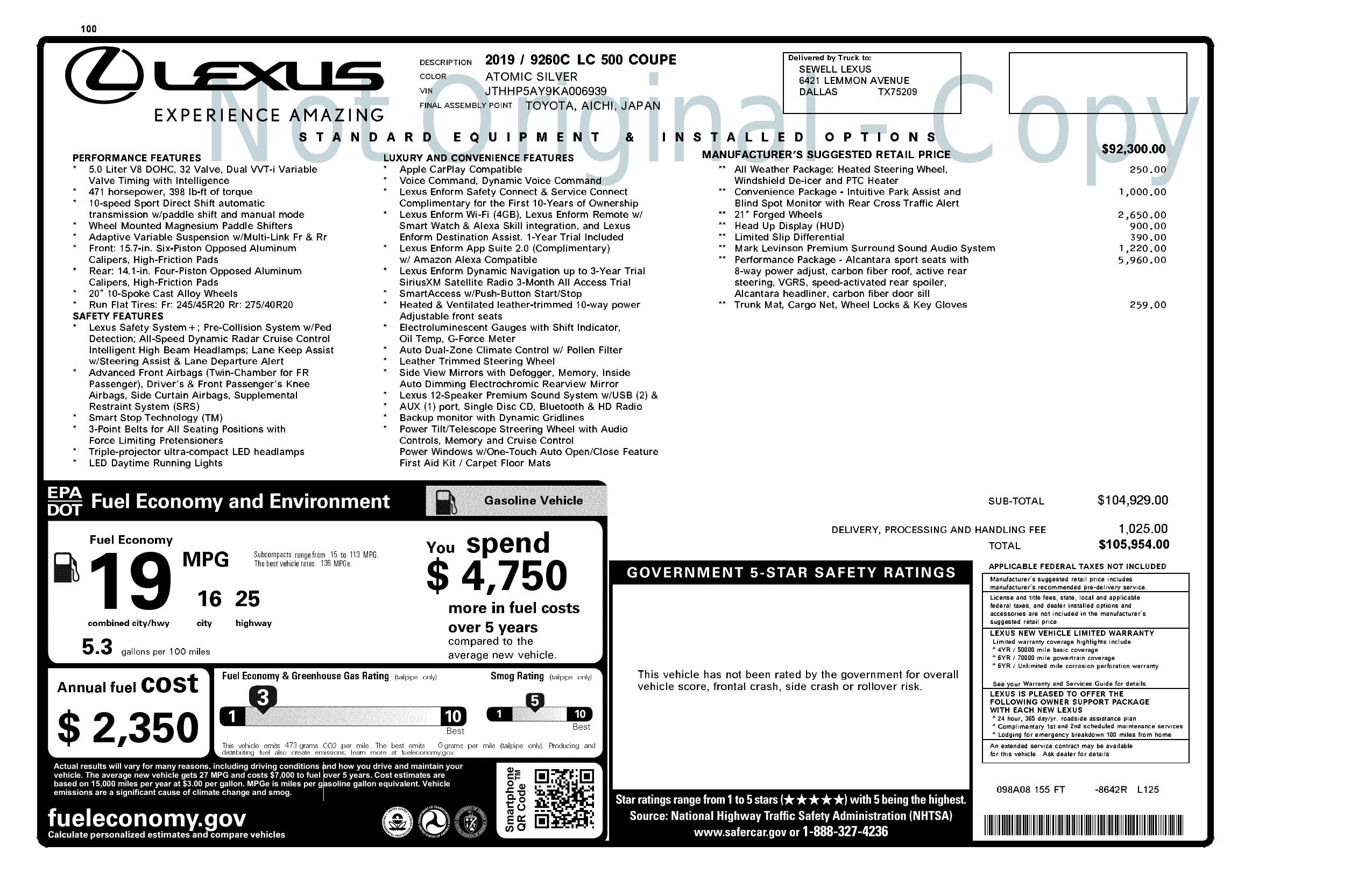 Window Sticker for 2019 Lexus Lc Lc 500 Rwd